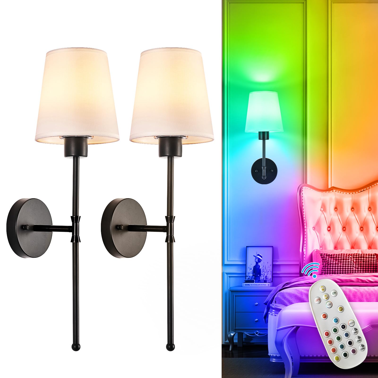 Depuley Battery Operated Wall Sconce: Black Set of 2 Wireless Wall Lights for Bedroom - Rechargeable 15 Colors Wall Lamp for Living Room