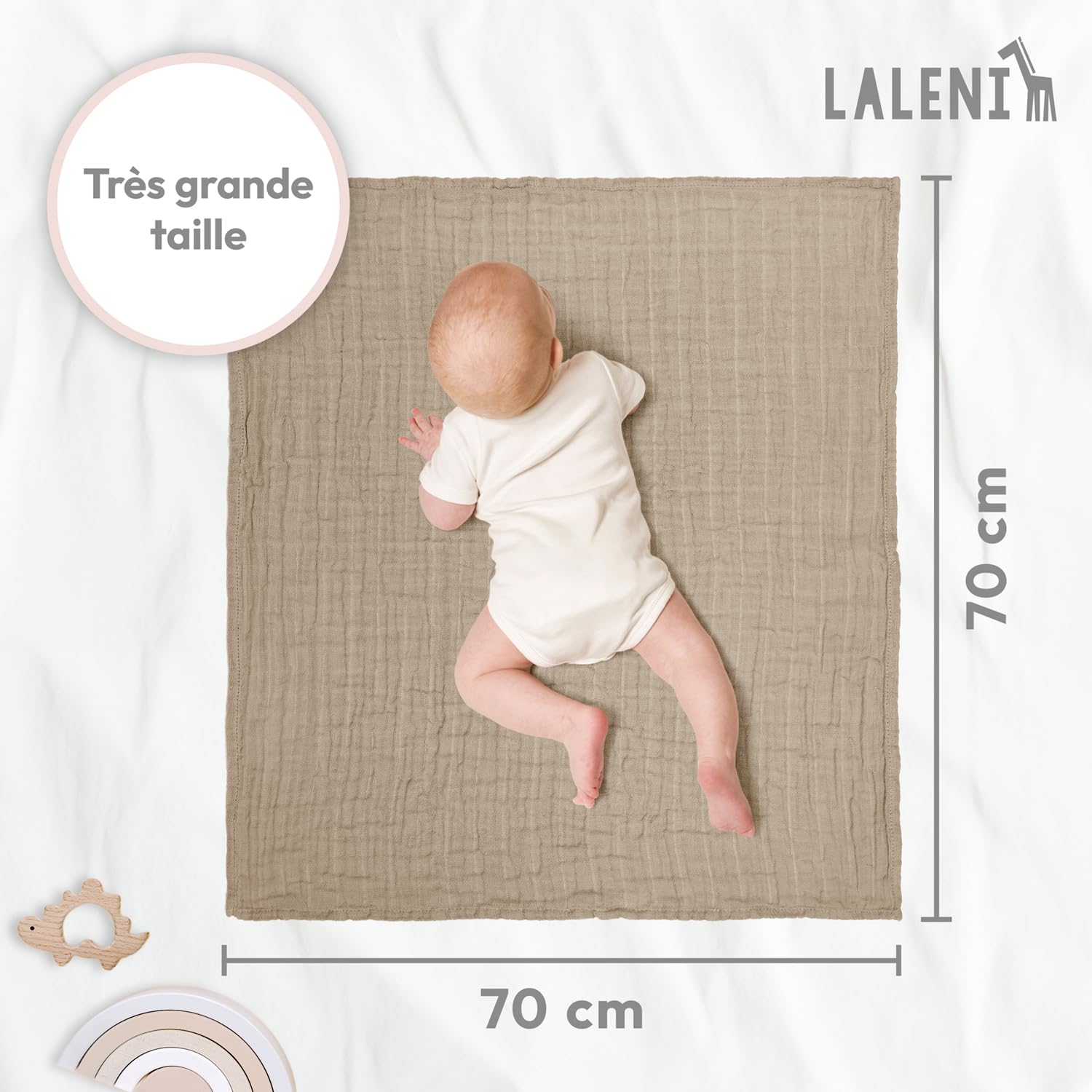Laleni Lot de 5 langes bébé en pur coton - Sans substances nocives - 70x70 cm - Serviettes mousseline absorbantes et lavables - Beige