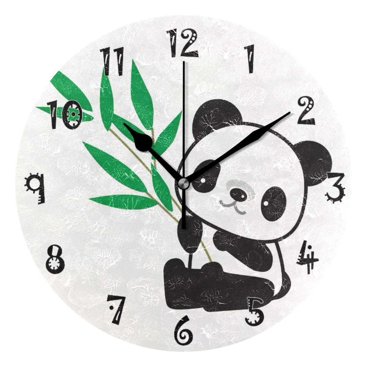 JUMPBEAR 25cm / 10 Inch Diameter Silent Non ticking Round Wall Clock Home Arabic Numerals Funny Panda Leaves Design Decorative Creative Clock