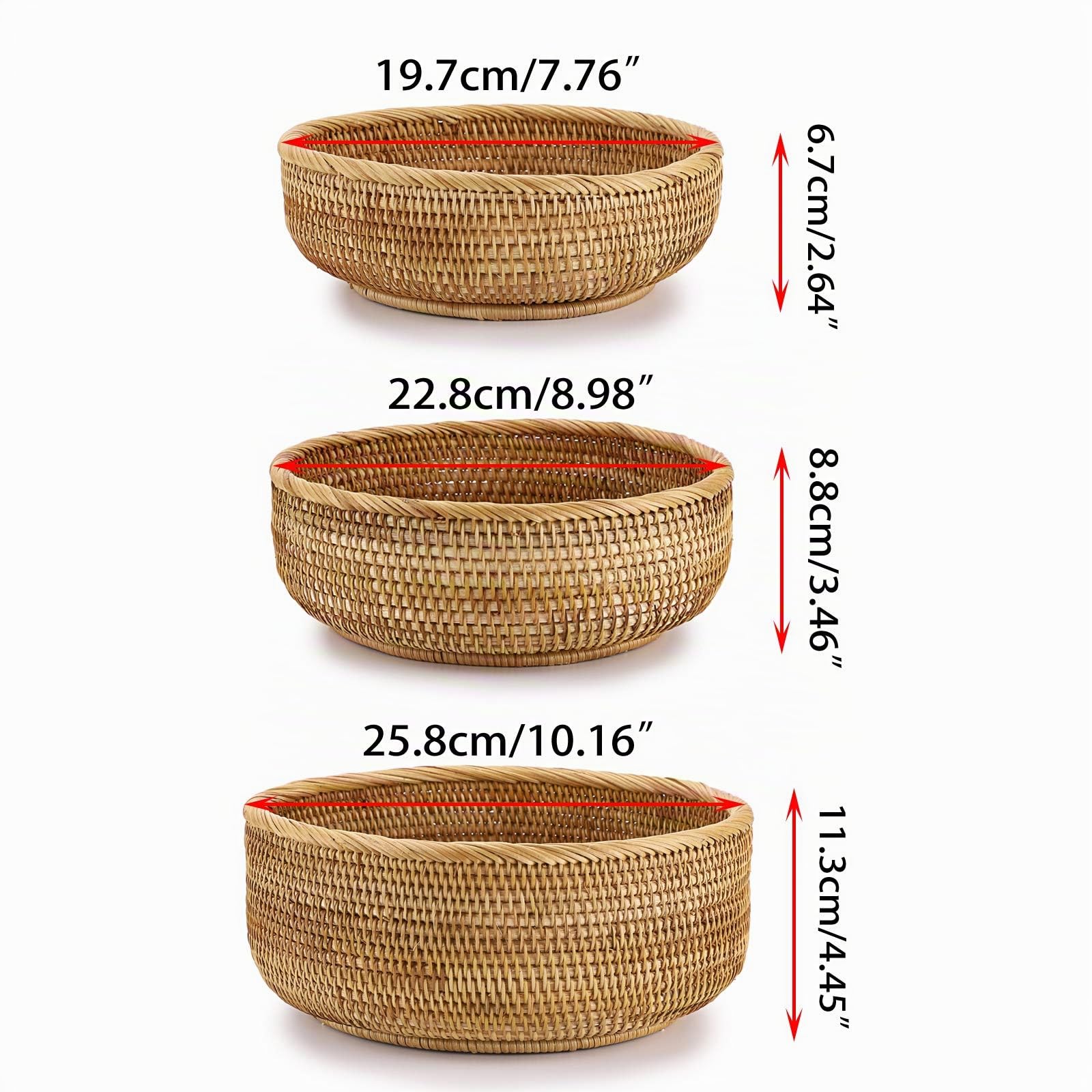 Sumnacon Set di 3 cestini rotondi in rattan intrecciato per frutta, pane, snack, tavolo, scrivania, piano di lavoro, cestini portaoggetti decorativi