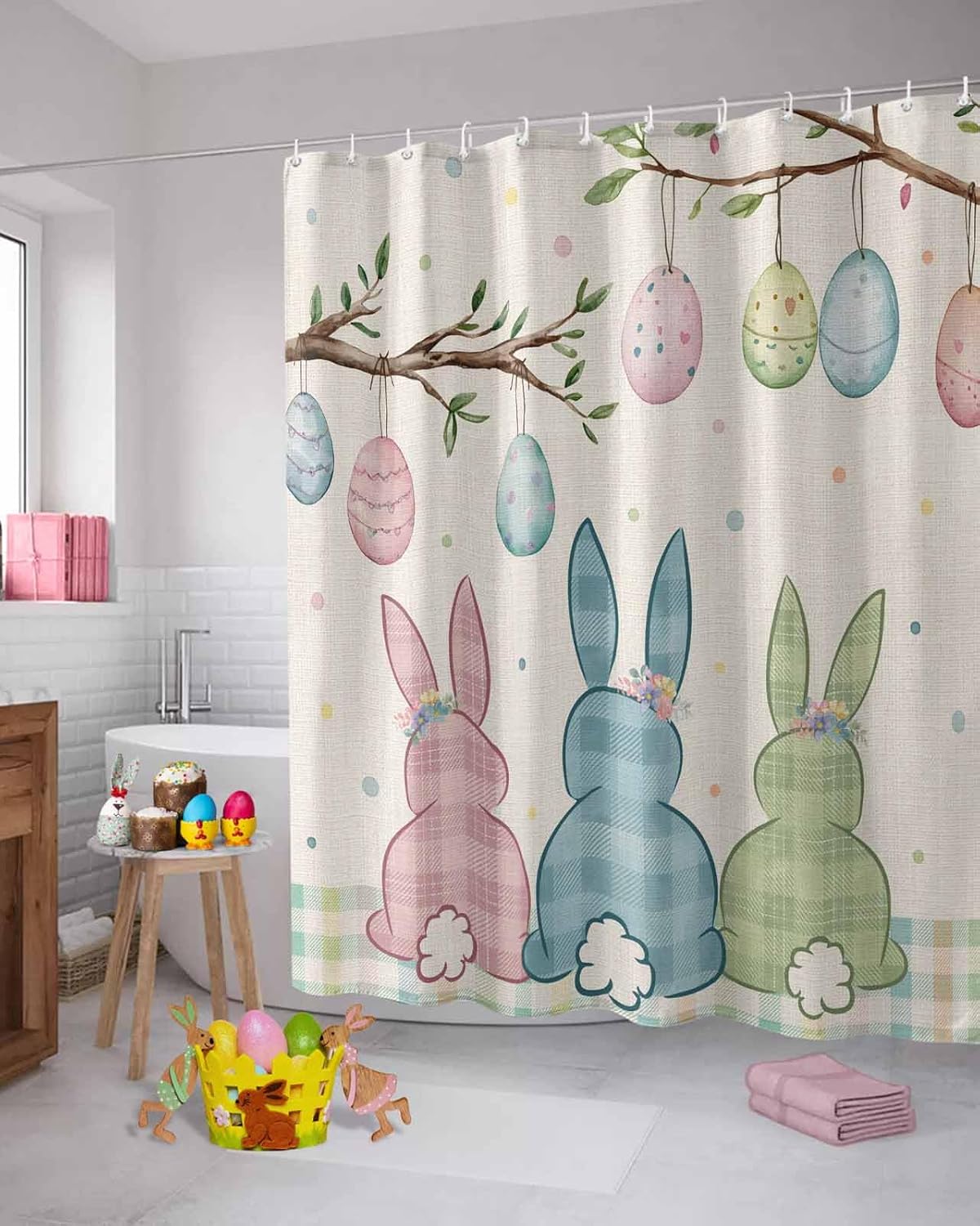 Easter Shower Curtain for Bathroom 72" x 72", Spring Pink Yellow Green Rabbit Eggs Buffalo Plaid Shower Curtain with Hooks Polyester Waterproof Home Bathtub Decor
