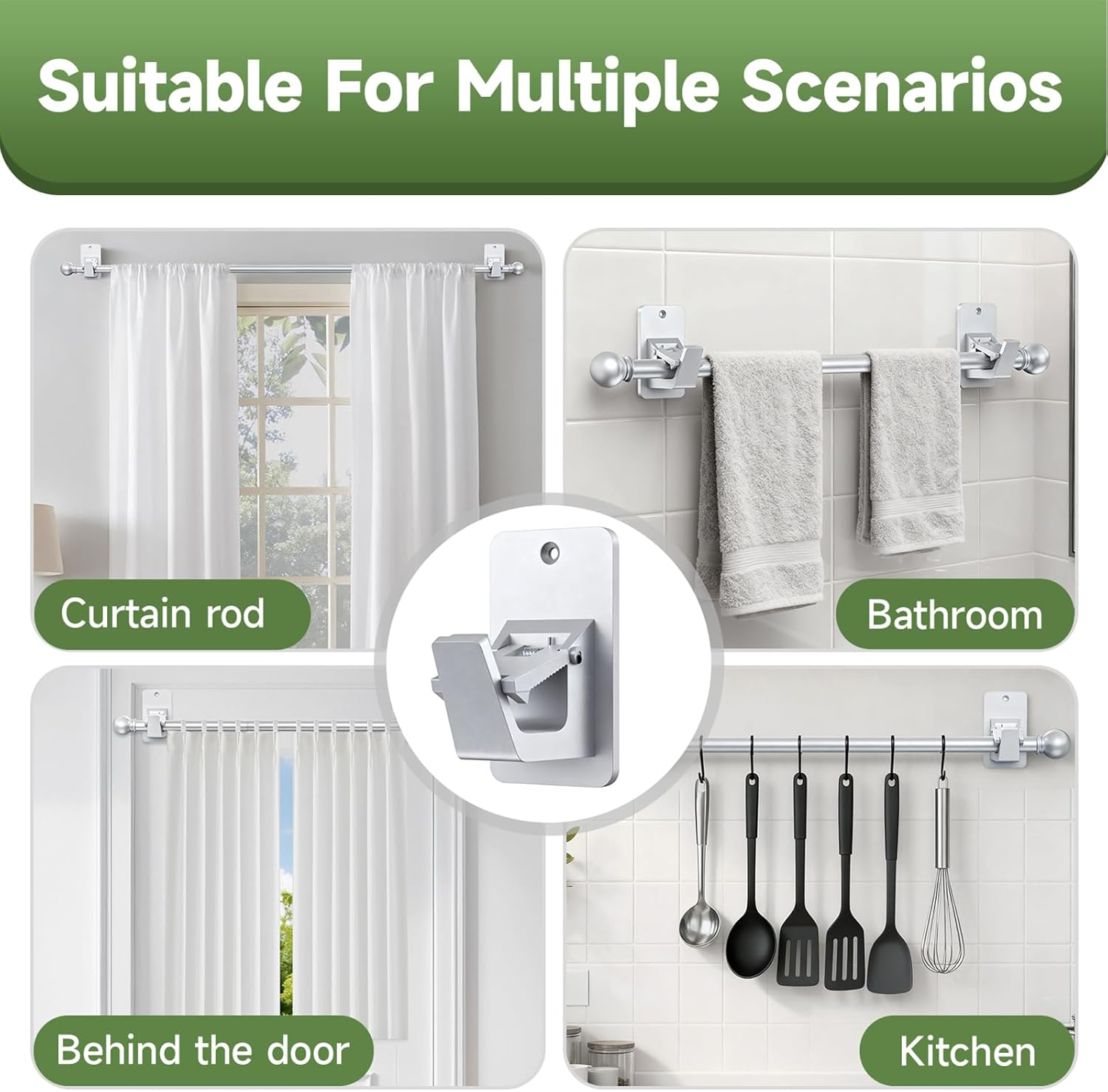 EKOTTOK Heavy Duty Curtain Rods No Drilling for Windows 30 to 90 Inches,5/8 Inch Diameter No Drill Small Curtain Rod Set with Adhesive Brackets, Silver