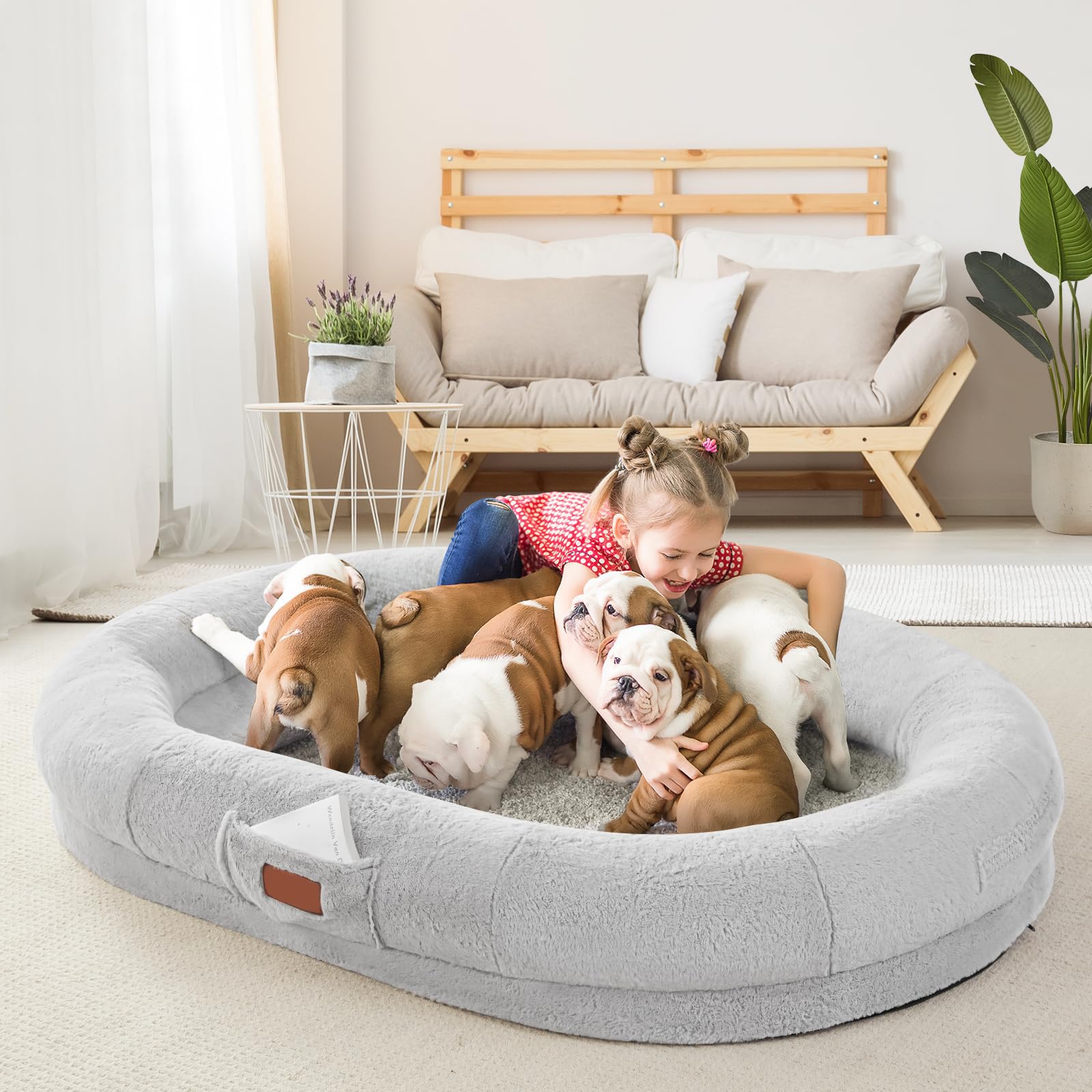 Lit pour Chien et Humain pour Adultes, 180 x 122 x 25 cm - Grand Sac de Haricots avec Couverture, Lit Ovale Lavable en Fausse Fourrure, Mousse à Mémoire Détachable de Grande Taille, Lit pour