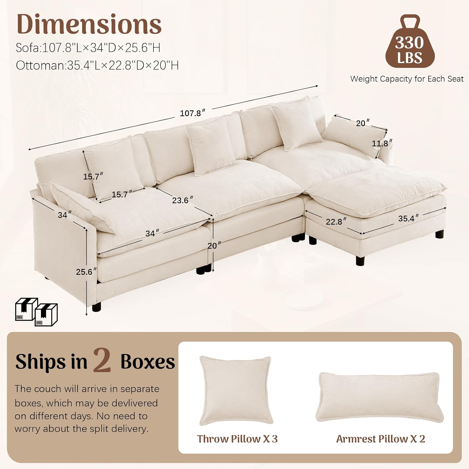 Redlife 108" L-Shaped 3-Seat Modular Sectional Sofa with Ottoman, Chenille Upholstered Couch with Spring-Embedded 30D Foam Cushions, Removable Covers, Easy Assembly Corner Sofa for Living Room, Beige