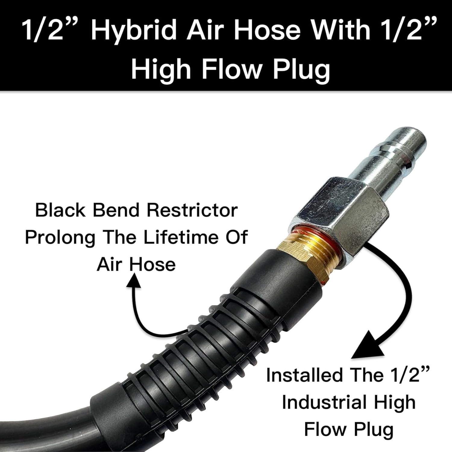 SANFU Hybrid Air Hose 1/2”ID x 50FT, 300PSI Durable, Heavy Duty, Flexible, 1/2" High Flow Coupler&Plug Air Fittings, Bend Restrictors, Black(50’)