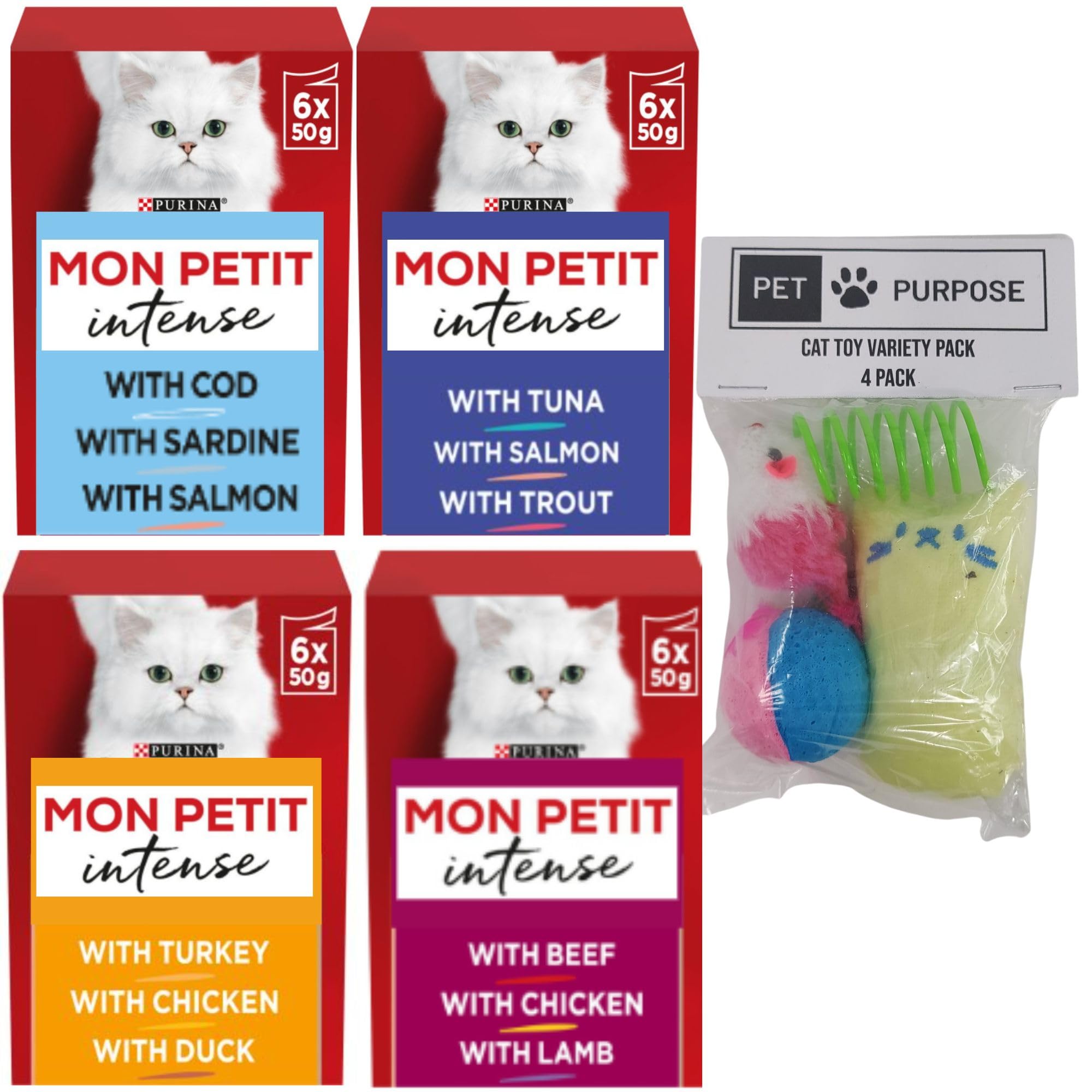 Pet PurposeWet Cat Food Bundle Contains Mon Petit Intense | Entire Flavour Range of Mon Petit | 24x 50g Pouches - Fish Meat and Poultry Selections Bundled with Pet Purpose Catnip Toy