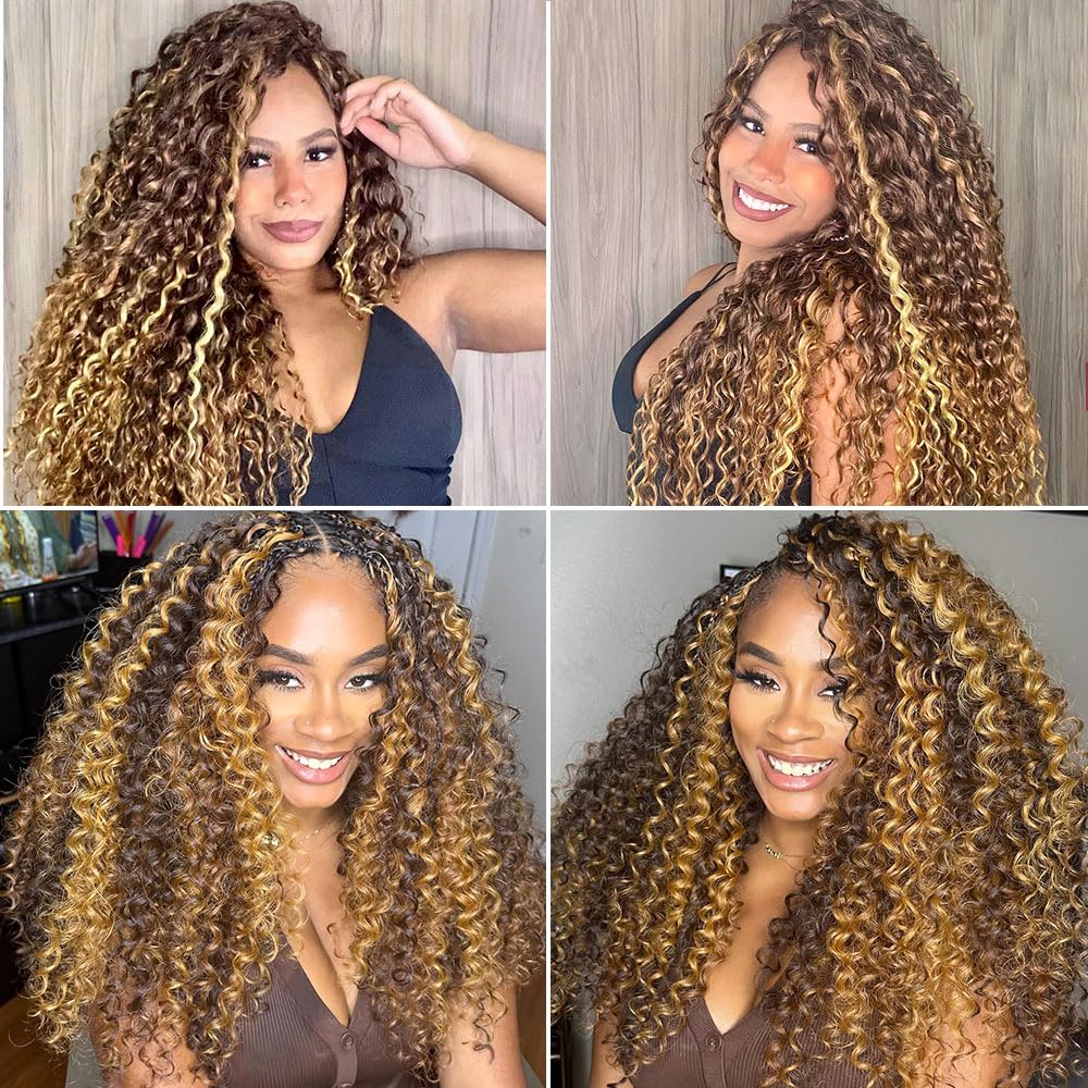 4/27 Pre Separated Invisible Miracle Knots Feather Crochet Human Hair Deep Curly Highlight Blonde and Dark Brown Colored Real Human Hair Extensions Jerry Curly Human Crochet Hair Pre Looped 60g 18inch