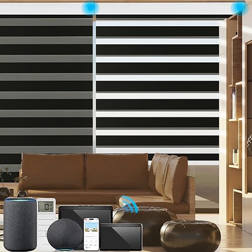 Miniatura 1 de MYshade Persianas inteligentes de cebra compatibles con Alexa, opacas (85 %), persianas motorizadas de doble capa de cebra, control de luz de