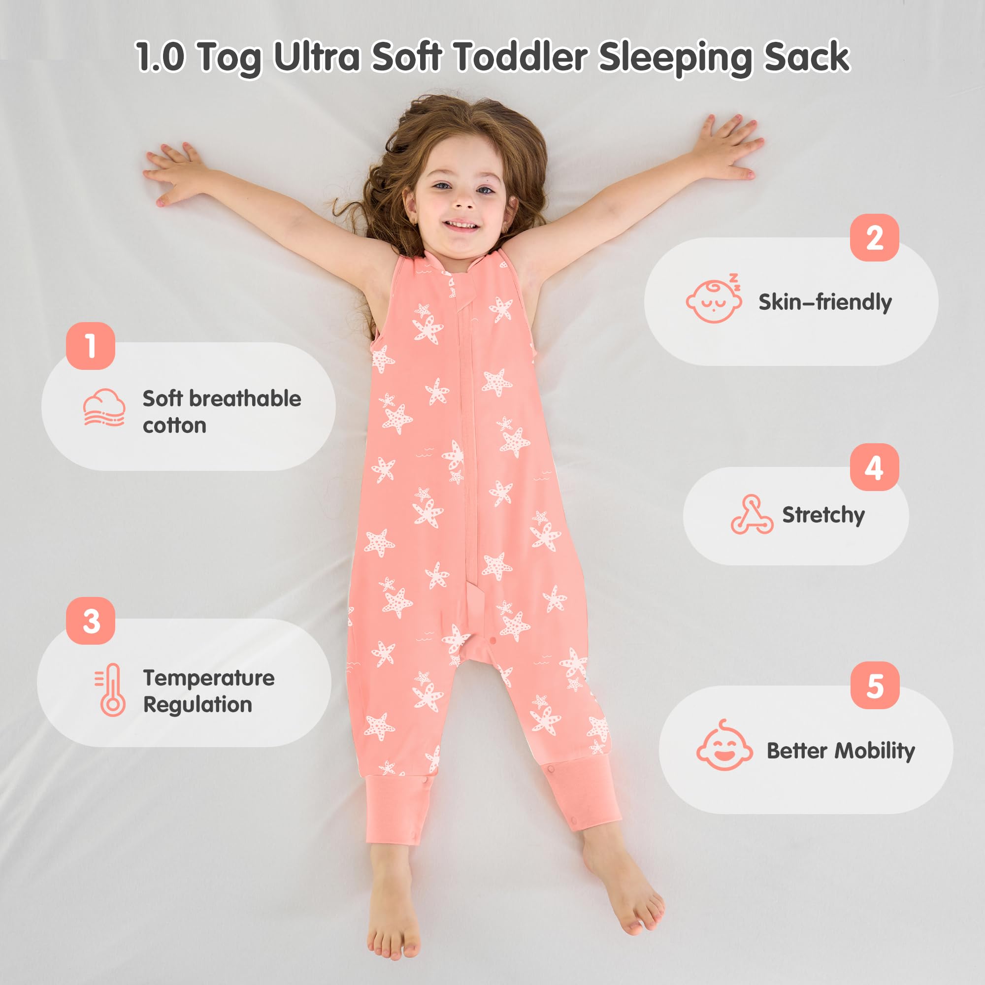 Baby Schlafsack mit Füßen 1.0 TOG Ideal für Frühling und Herbst Babyschlafsack 100% Baumwolle Ganzjähriger Komfort für Ihr Kleinkind (Seestern, S/60-75CM) Baby