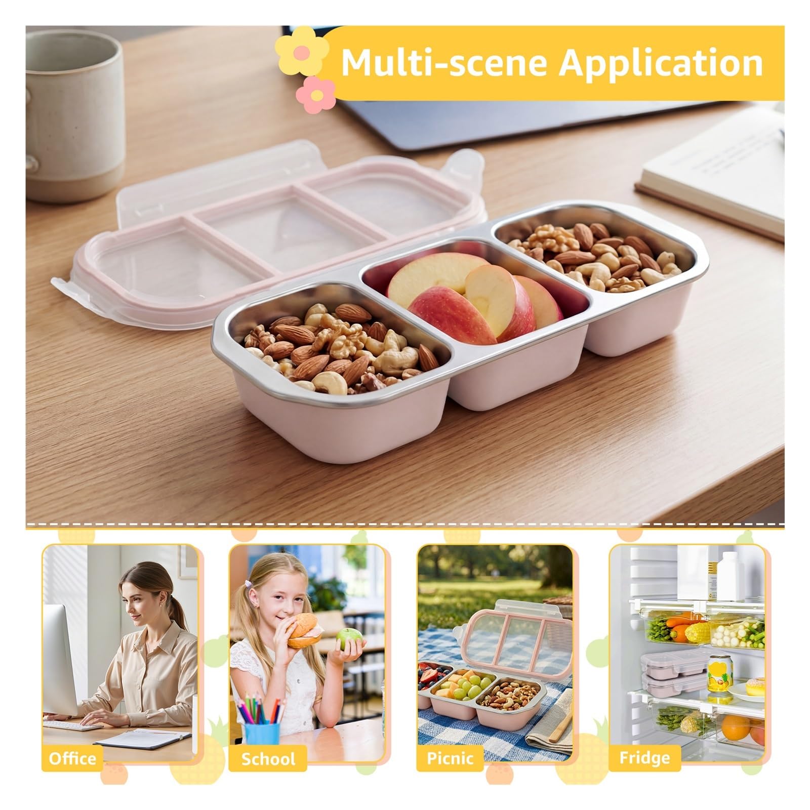 Fiambrera de acero inoxidable con tapa, contenedor aperitivos, almacenamiento alimentos apilable, a prueba fugas for el trabajo, 2 uds para Aperitivos(Pink,3 Grids)