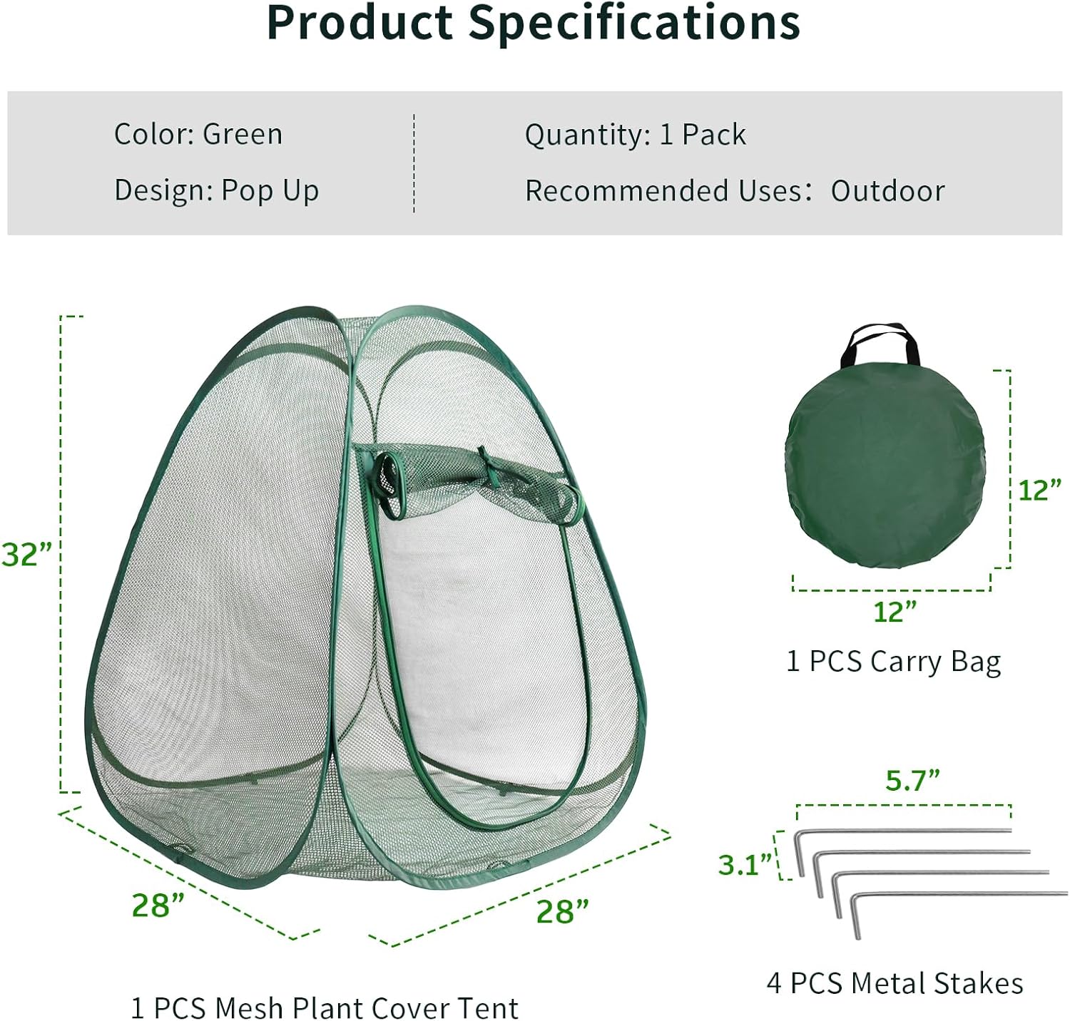 1PC Large Mesh Plant Protector Tent from Animals, 28X28X32Inch Pop Up Garden Netting Cover Green Crop Cage Plant Protection Tent to Protect Outdoor Potted Plants Flowers Fruits from Deer Birds Rabbit
