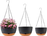 10 inch Plant Pot Hanging Planters Self Watering Pots for Indoor Plants, 3 Pack Plastic Hanging Basket with Removable Tray for Home Garden Porch Balcony Patio Decor(Black)