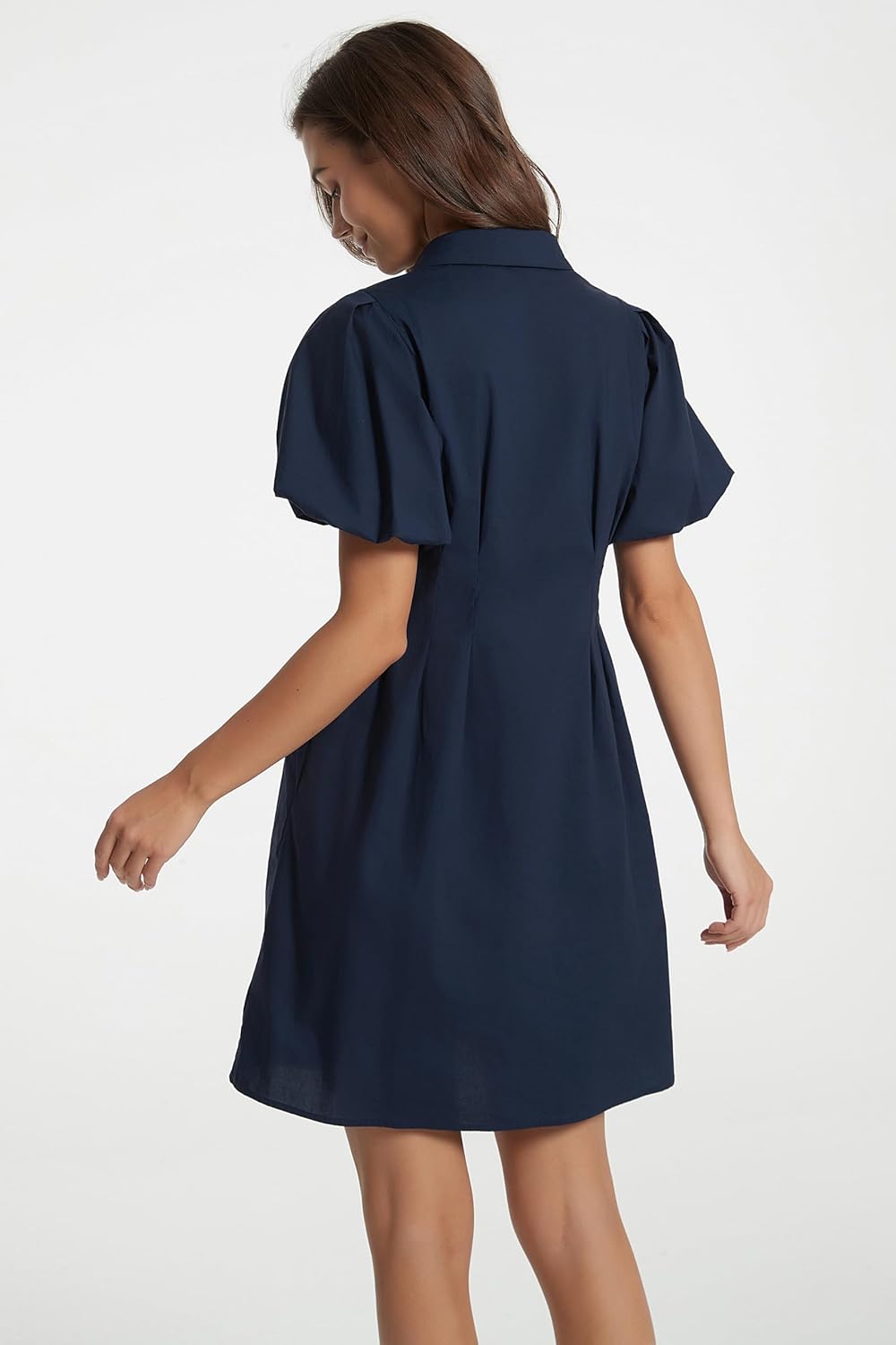 D-Sun Women's Short Puff Sleeve Shirt Dress Button Down Pleated Mini Dress Casual Short Dresses - Image 4