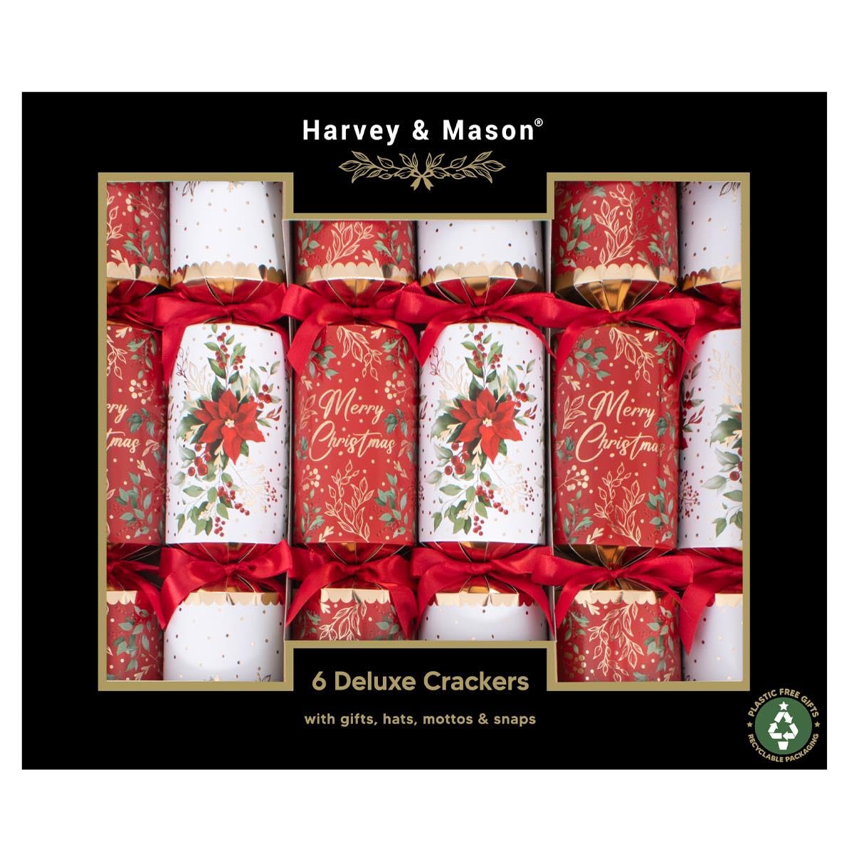 Harvey & Mason Pack of 6 Deluxe Red Gold White Christmas Crackers - 13.5" Metallic Festive Holly Foliage Xmas Holiday Dinner Table Decorations - Novelty Fun Prizes Gifts Contains Hats Jokes