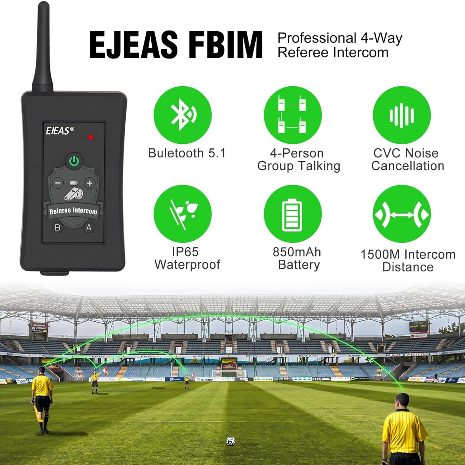 EJEAS FBIM Profesional Sistema de Comunicación con Intercomunicador Bluetooth 1500M 4 Personas Reducción de Ruido CVC Brazalete 2 Paquete
