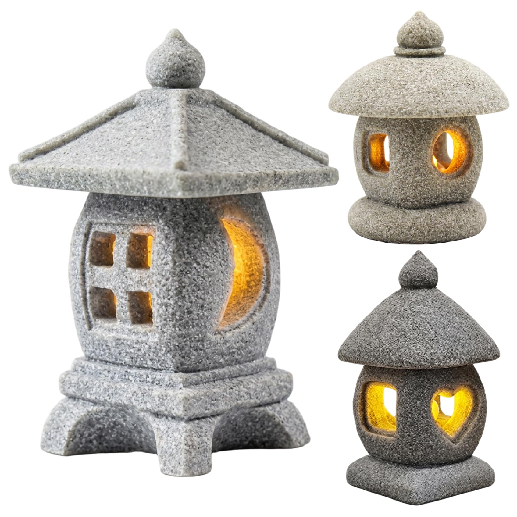 Statua da giardino a pagoda da 3 pezzi con luce LED calda, mini lanterna con texture in pietra realistica, decorazione da giardino giapponese e figurine bonsai