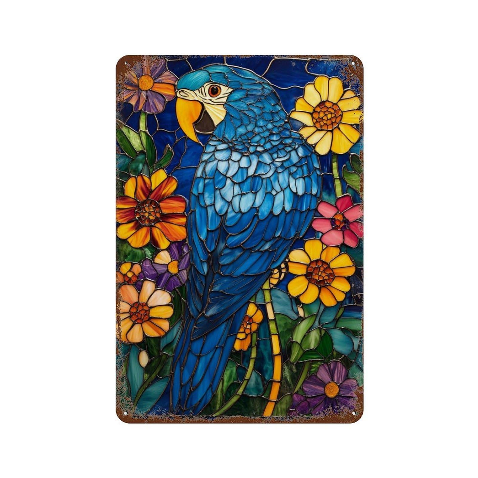 Stained Glass Parrot Artwork-1 Decorative Tin Sign 11.8"x7.9", Shabby Chic Decor for Garage, Pub Or Kitchen
