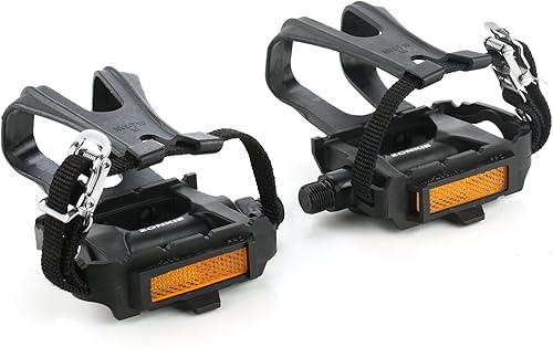 ZONKIE Pedales de bicicleta con clip para el dedo del pie y correa, pedales de bicicleta de plástico para MTB y bicicleta de carretera, 9/16 pulgadas
