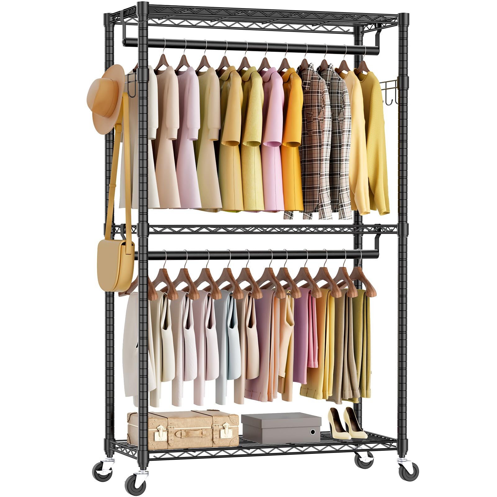 OLIXIS Clothes Rack Heavy Duty Adjustable Garment Clothing Rack with Wheels, Rolling Metal Freestanding Closet Organizer for Hanging Clothes with 2 Side Hooks, Double Rod, 17.7" D x 47.2" W x 80.3" H