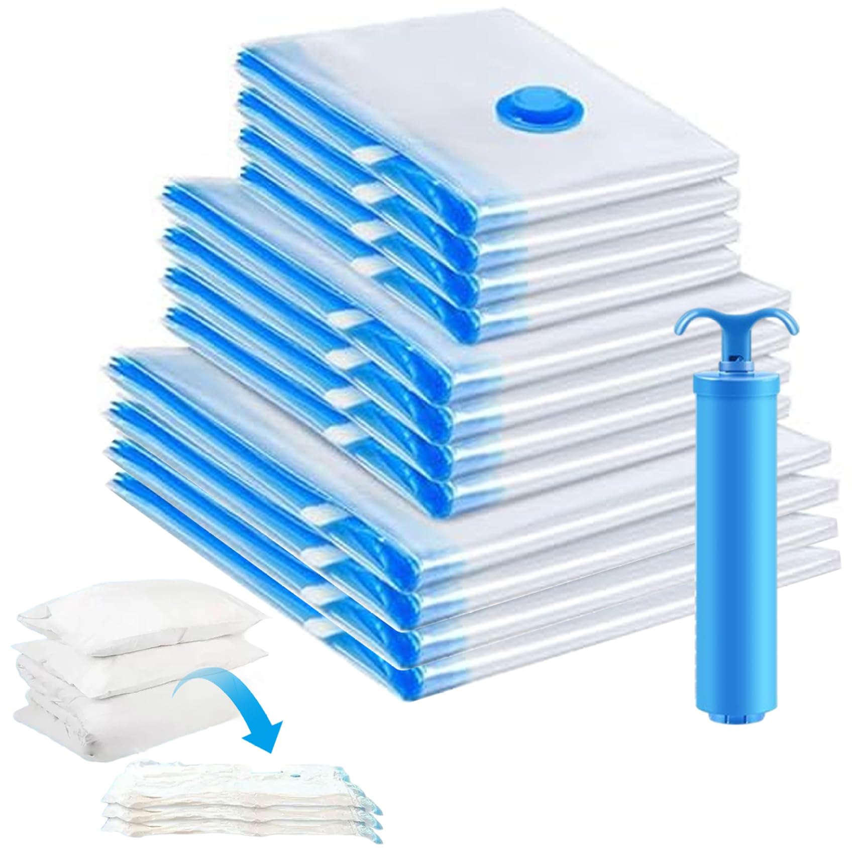 Platzsparende Beutel im 12er-Pack, Kompressionsbeutel mit manueller Pumpe, 4 M/L/XL-Vakuumaufbewahrung für saisonale Kleidung, Decken und Reiseverpackungen.