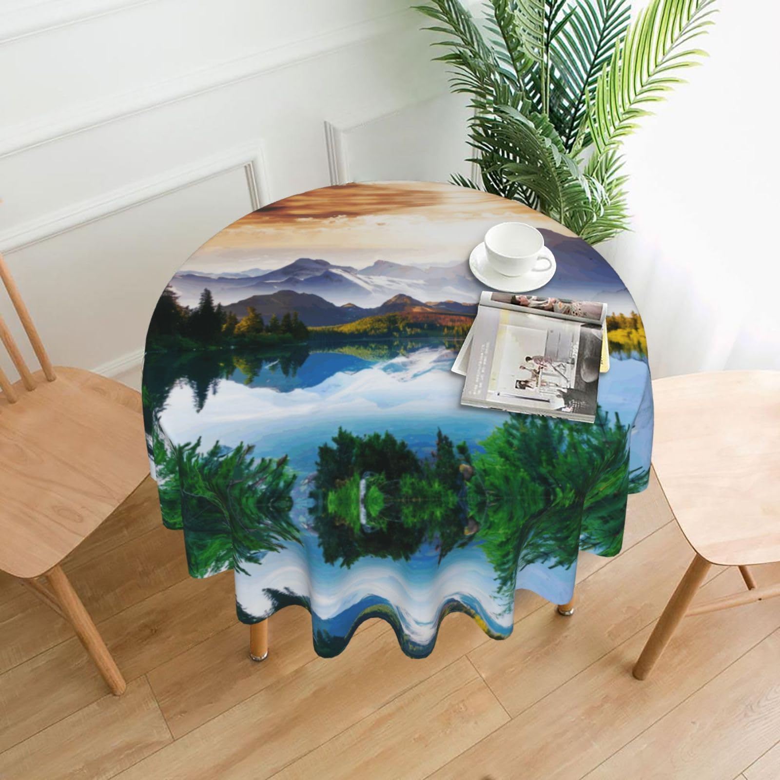 YYHHAOFA Mountain Lake View Sunny Day Nature Prints 60in Round Decorative Tablecloth – High-Grade Polyester Throw Cover for Dining, Parties, and Outdoor Events