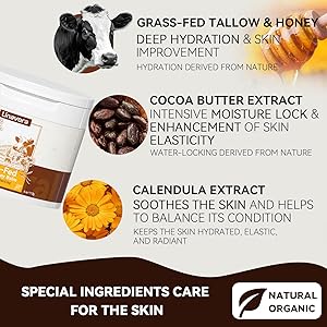 Linavora Tallow and Honey Balm Natural Moisturizer with Grass-Fed Beef Tallow for Skin, Honey, Vitamin E Unscented, 4oz Ideal for Face & Body Care
