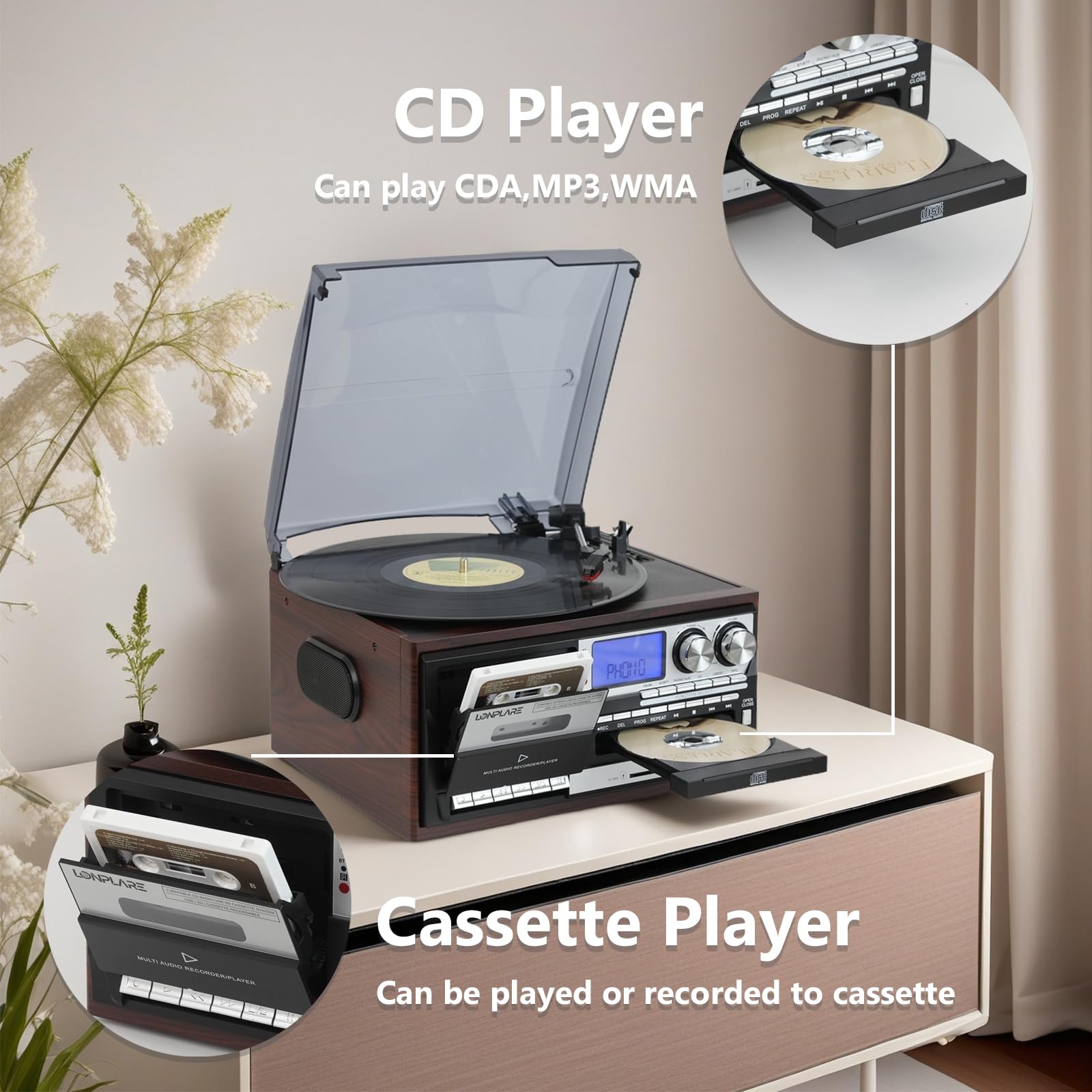 All in One Vintage 3 Speed Vinyl Record Player with Built-in