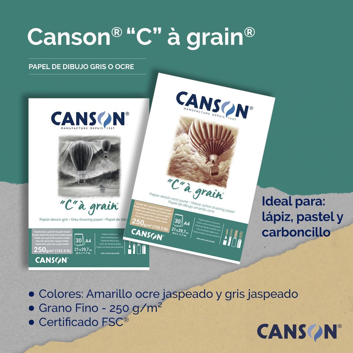 Canson "C à Grain A4 250g Mottled Yellow Ochre Drawing & Sketching Paper Pad, 30 Sheets, Fine & Medium Grain Texture, Glued on Short Side, Ideal for Professional Artists