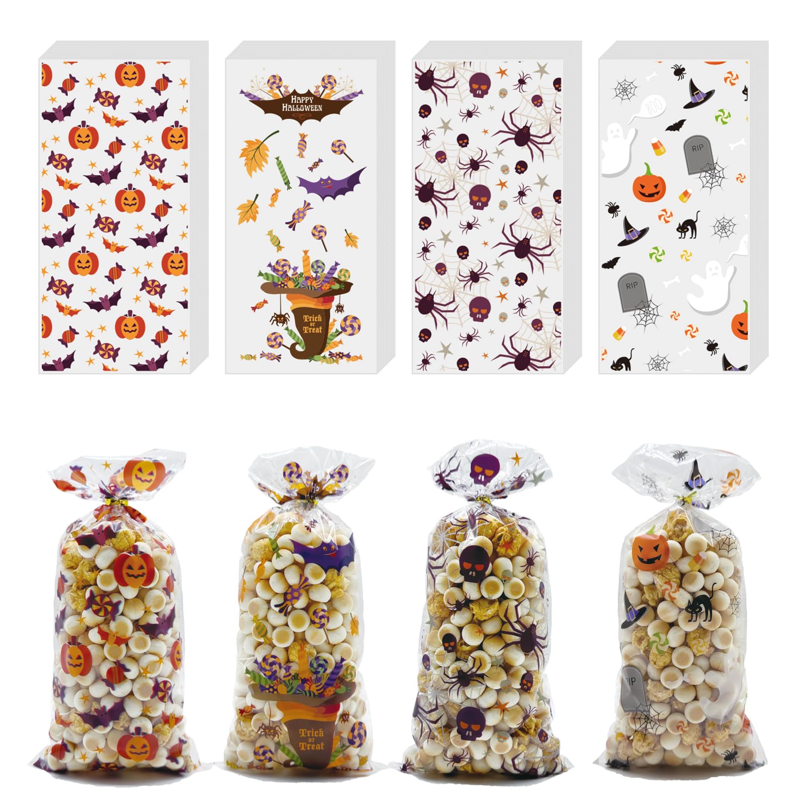 ONFAON Halloween Cellophane Treat Bags, 180pcs Halloween Trick or Treat Goody Gags with 200pcs Twists for Snacks Cookies Packing, Goodie Bags Party
