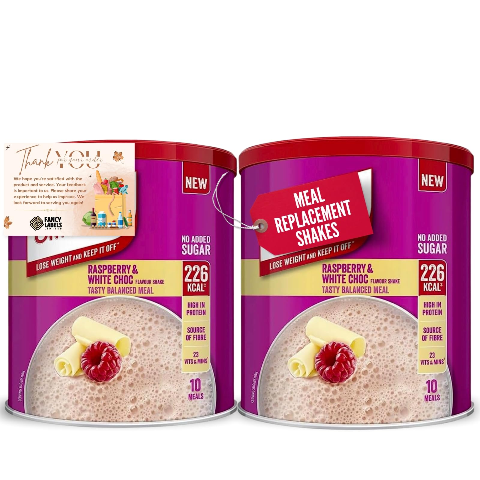 Meal Replacement Raspberry & White Chocolate Meal Shake Powder 10 Servings 365g Pack of 2 Bundle with Fancy Labels Thank You Card | Healthy Shake for Balanced Diet Plan with Vitamins and Minerals