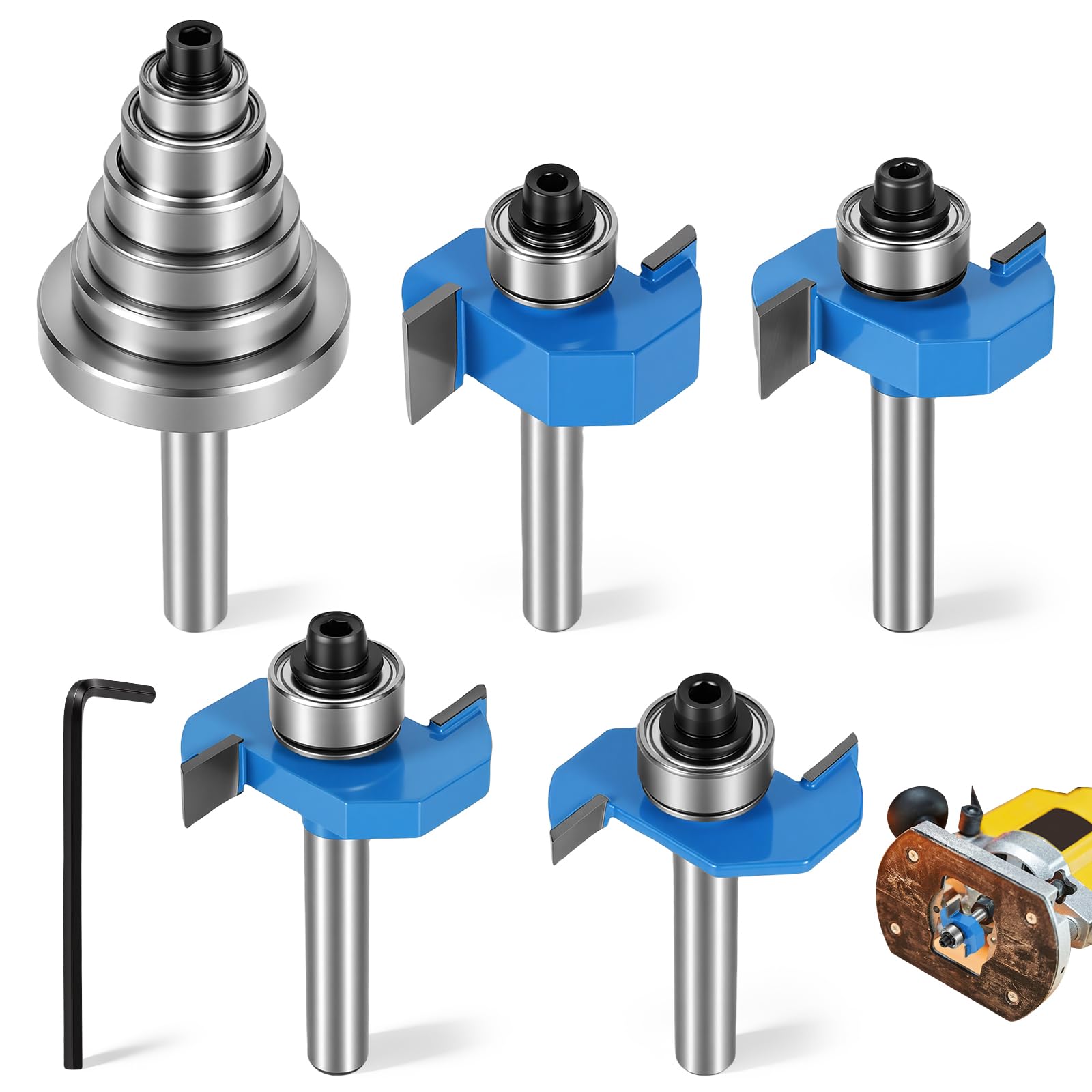 4 Pcs 1/4 Inch Shank Rabbet Router Bit Set, Carbide Wood Rabbeting Router Bit with 6 Interchangeable Bearings, Professional Woodworking Grooving Tool for Wood, MDF, Plywood (1/8, 1/4, 3/8, 1/2 H)