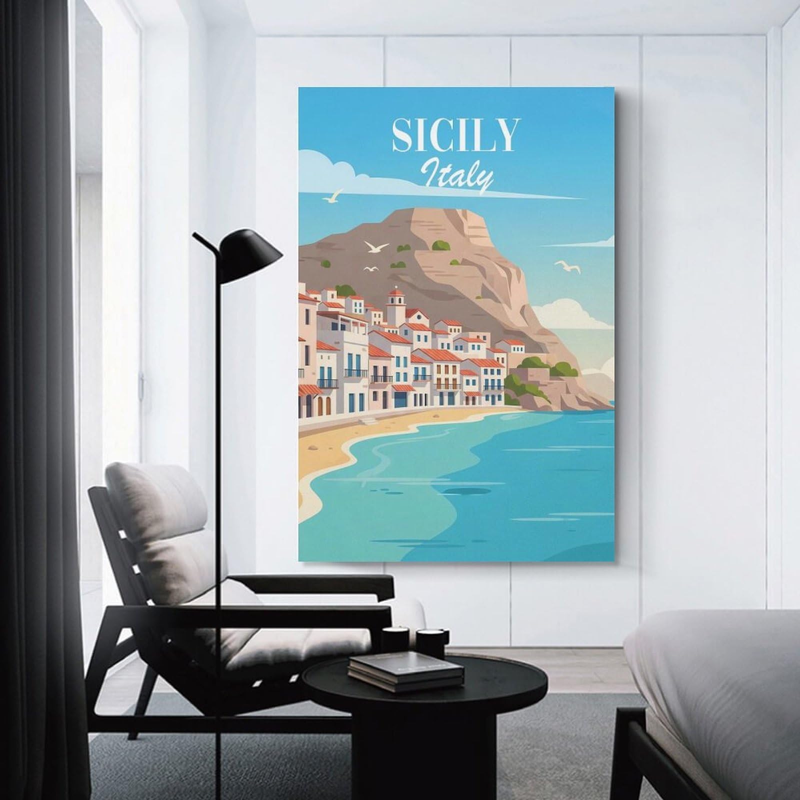 Junmoney Unframe-Style-7 Sicily, Italy Coastal Town Room Decor Wall Art 16X24inch(40X60cm), For Entrance Walls, Hall Decor Or Foyers, A Neat Decor Update For Hallways
