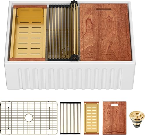 Vista 109 de Fregadero de 33 unidades de arcilla refractaria de 33 x 20 x 10 pulgadas, color blanco, fregadero de cocina de porcelana de cerámica, estilo casa