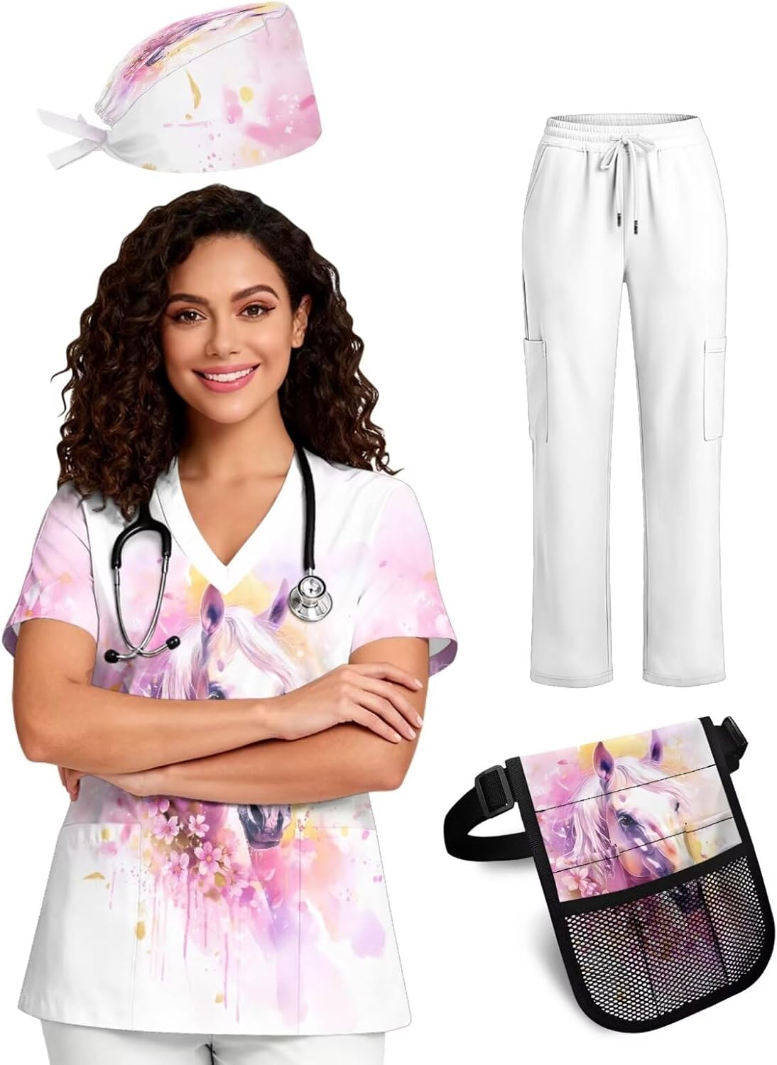 4pcs Stretchy Scrub Set For Women Tall & Petite 2-Pocket Top,Fanny Pack,Scrub Cap,And Nurses Pant S-5xl