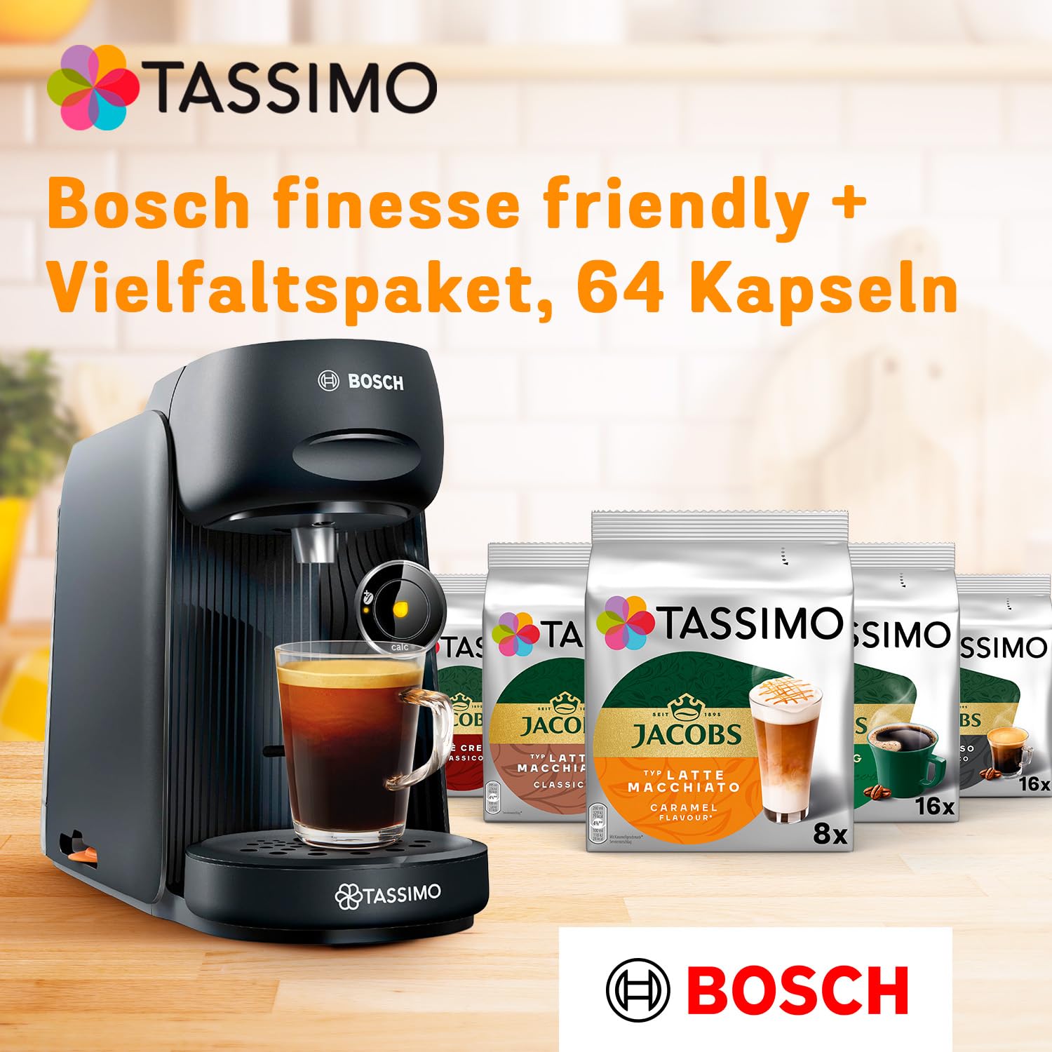 Bosch Tassimo finesse friendly Kapselmaschine TAS162E mit Tassimo Kapseln Probierbox, Vielfaltspaket, 64 Pads