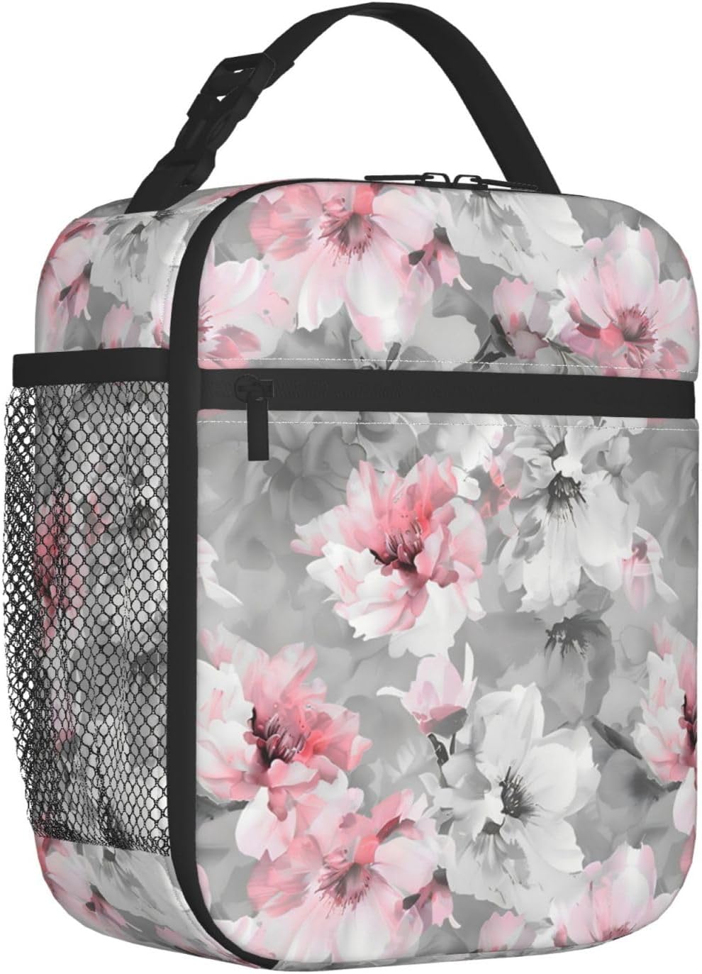 Reusable Floral Lunch Box for Kids Girls Boys Women Adult, Insulated Pink and White Flower Lunch Bag,Polyester Cooler Art Handbags Case for School Picnic Work Travel Beach or Hiking (Gray) - Image 2