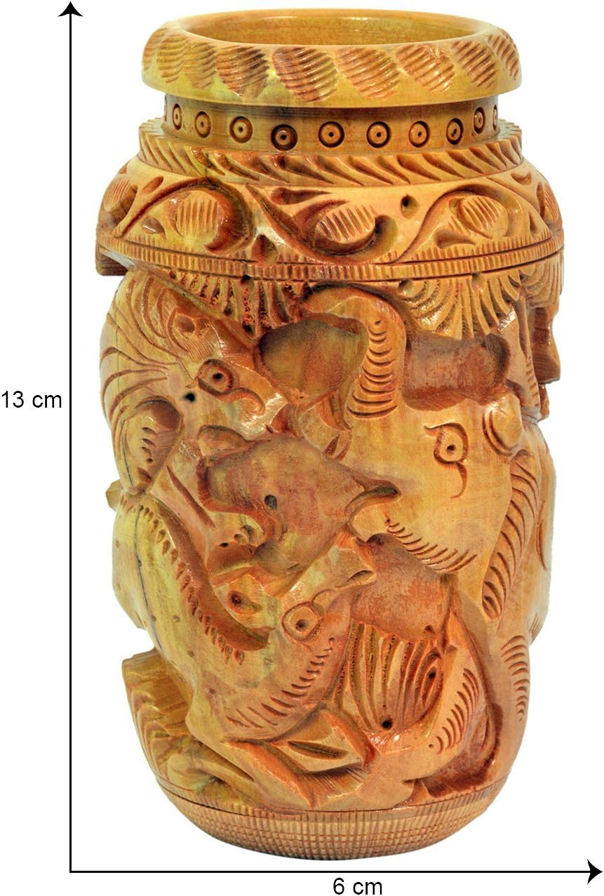 Handcrafted Wooden Pen Stand – Drum-Shaped Desk Organizer with Jungle Design for Office, Study Table, Home Decor & Gift