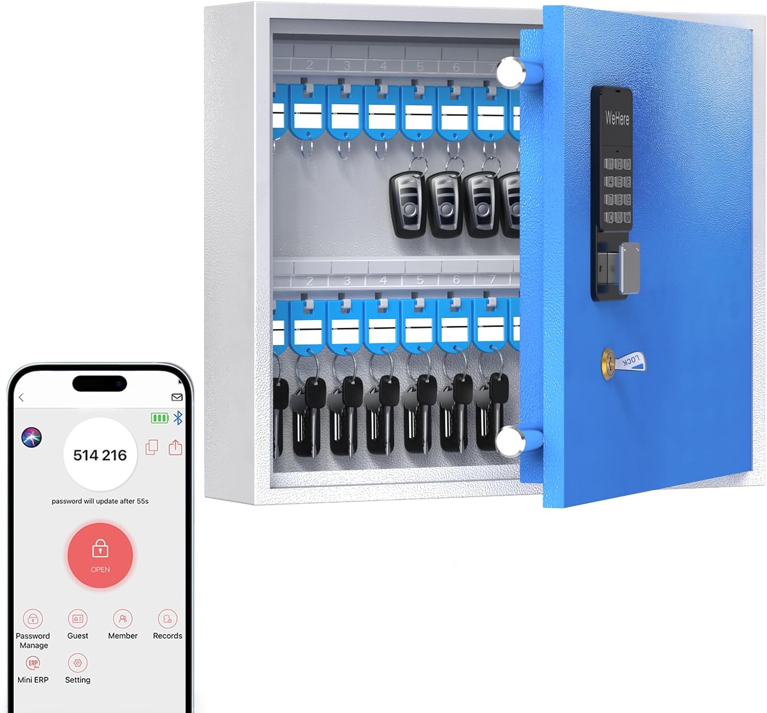 WeHere 40 Key Lock Box Wall Mount, Smart Key Cabinet, APP Bluetooth/One Time Password/Wi-Fi Remote/Fixed Code/Key Unlock, Key Organizer Box for Car Dealert, Hotel, Office, Real Estate Key Manage