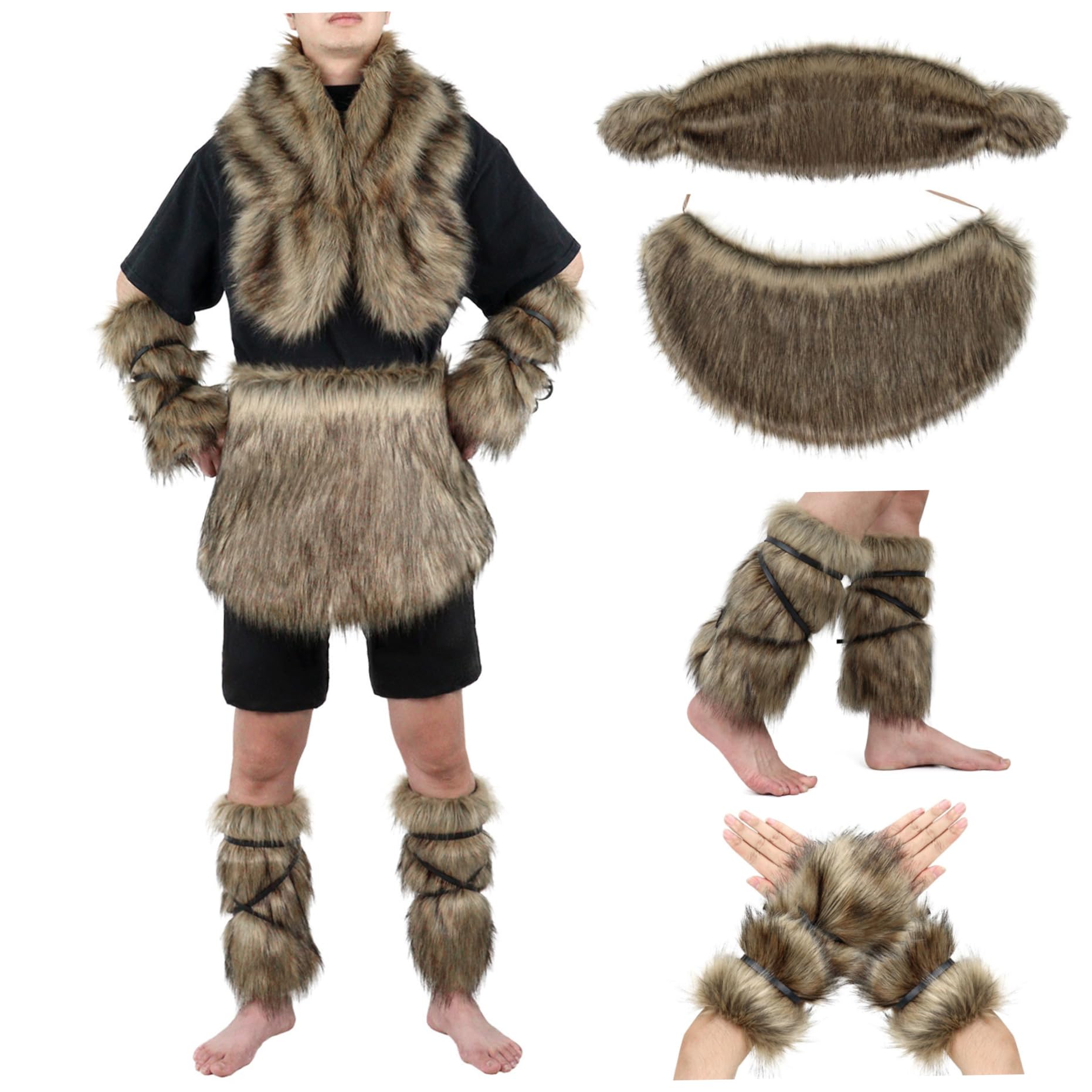 4 pièces/Ensemble Costume Viking pour Hommes, Costume de Barbare Chaud en Fausse Fourrure Comprenant Une Jupe à la Taille, Un Brassard, Une Cape châle, des Couvre-Bottes pour fête Cosplay