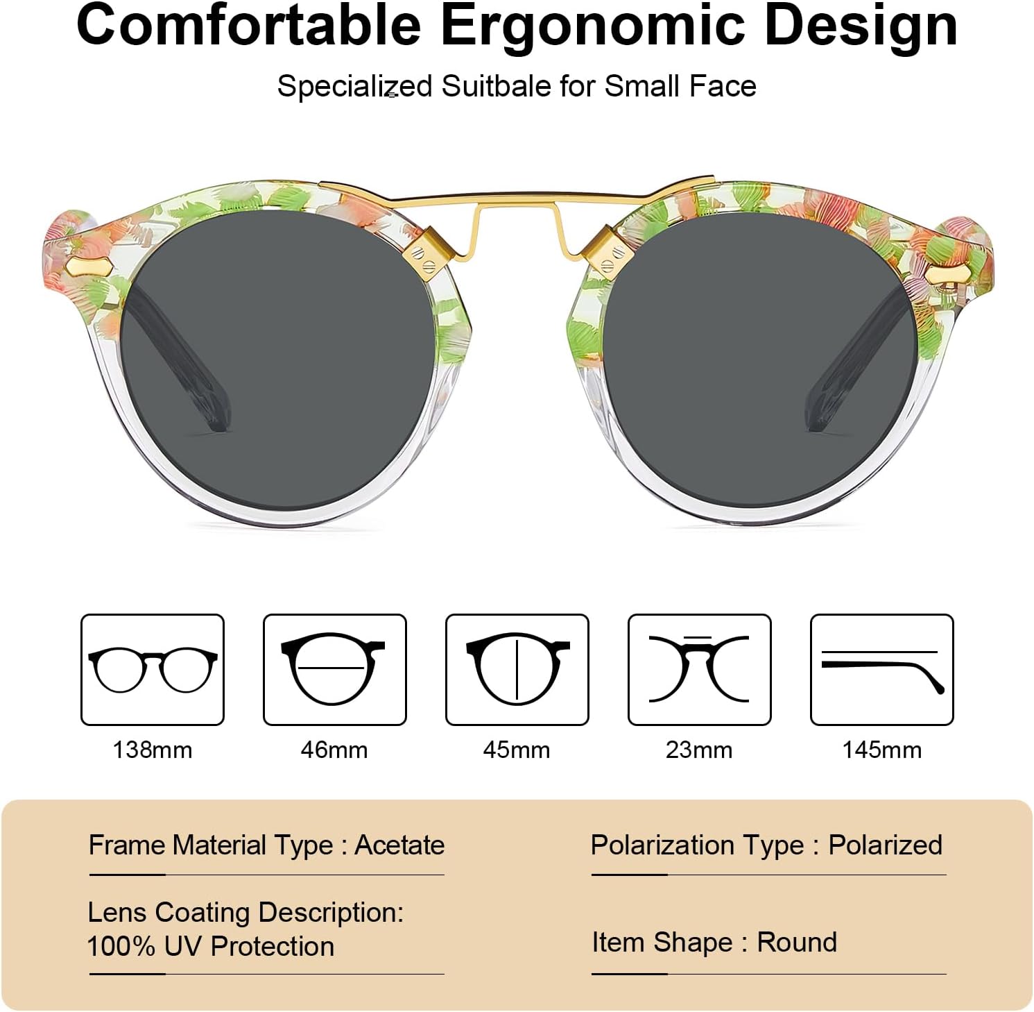 CARFIA Small Face Acetate Polarized Sunglasses for Women UV Protection, Retro Double Bridge Eyewears Metal Brow Round Sunnies - Image 4