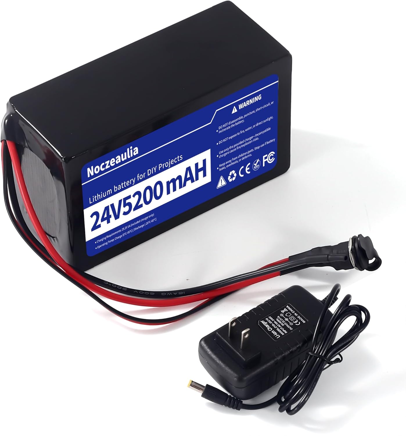Noczeaulia 24V 5.2Ah Lithium Battery with 25.2V 1A Charger, 24V Rechargeable Battery for LED Strips and DIY Projects Black