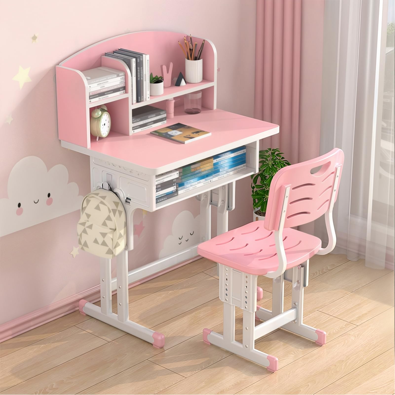 gihusrzx 2Pcs/Set Kids Functional Desk and Chair Set, Ergonomic Height Adjustable Children School Study Desk, with Storage Drawer, Ergonomic Desk Chair with Book Stand, Partition Design Pink 70 cm