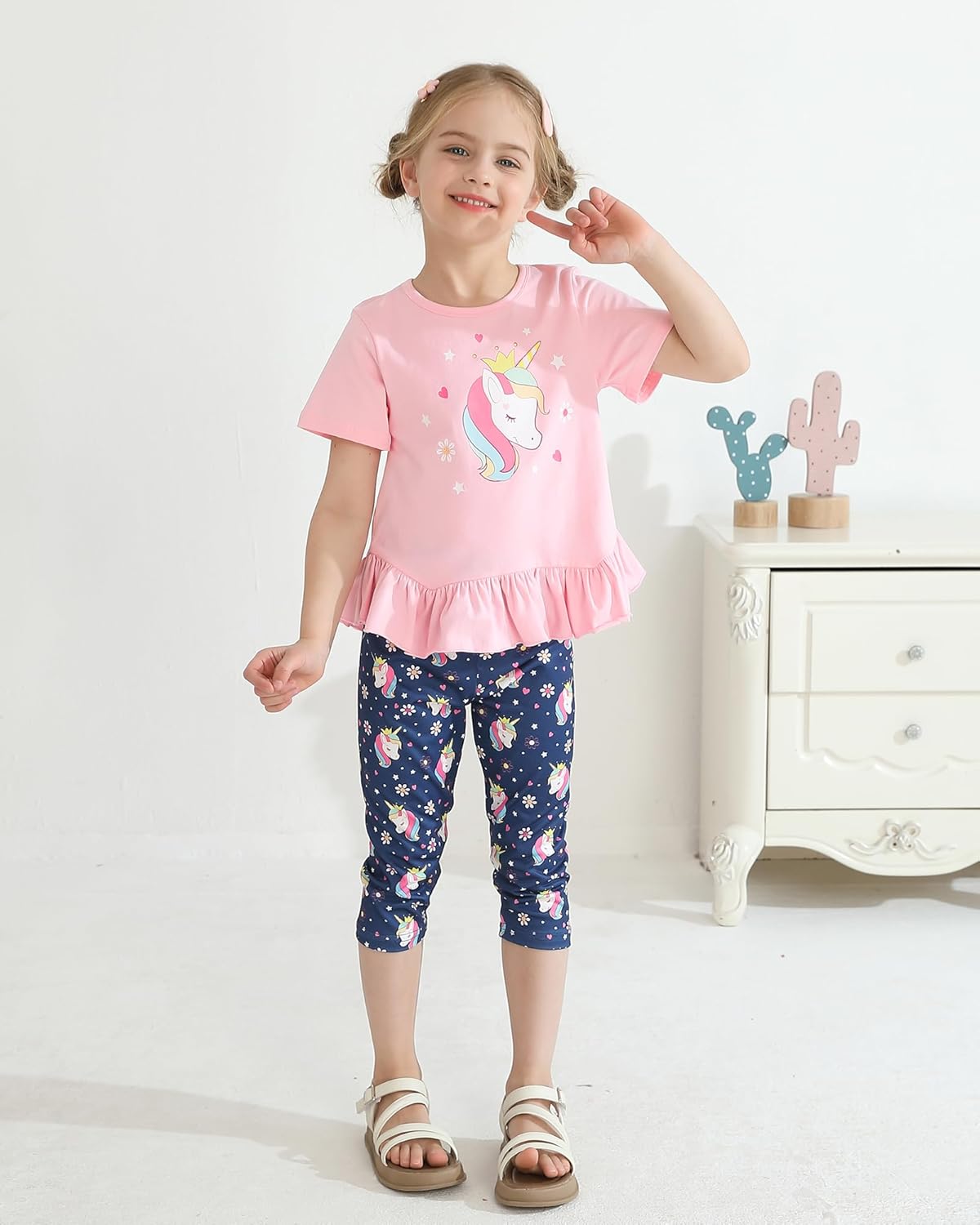 CARETOO Toddler Girl Clothes 2pcs Girl Spring Summer Outfit Ruffle Hem Short Sleeve Top and Floral Capri Pant 2-7 Years - Image 2