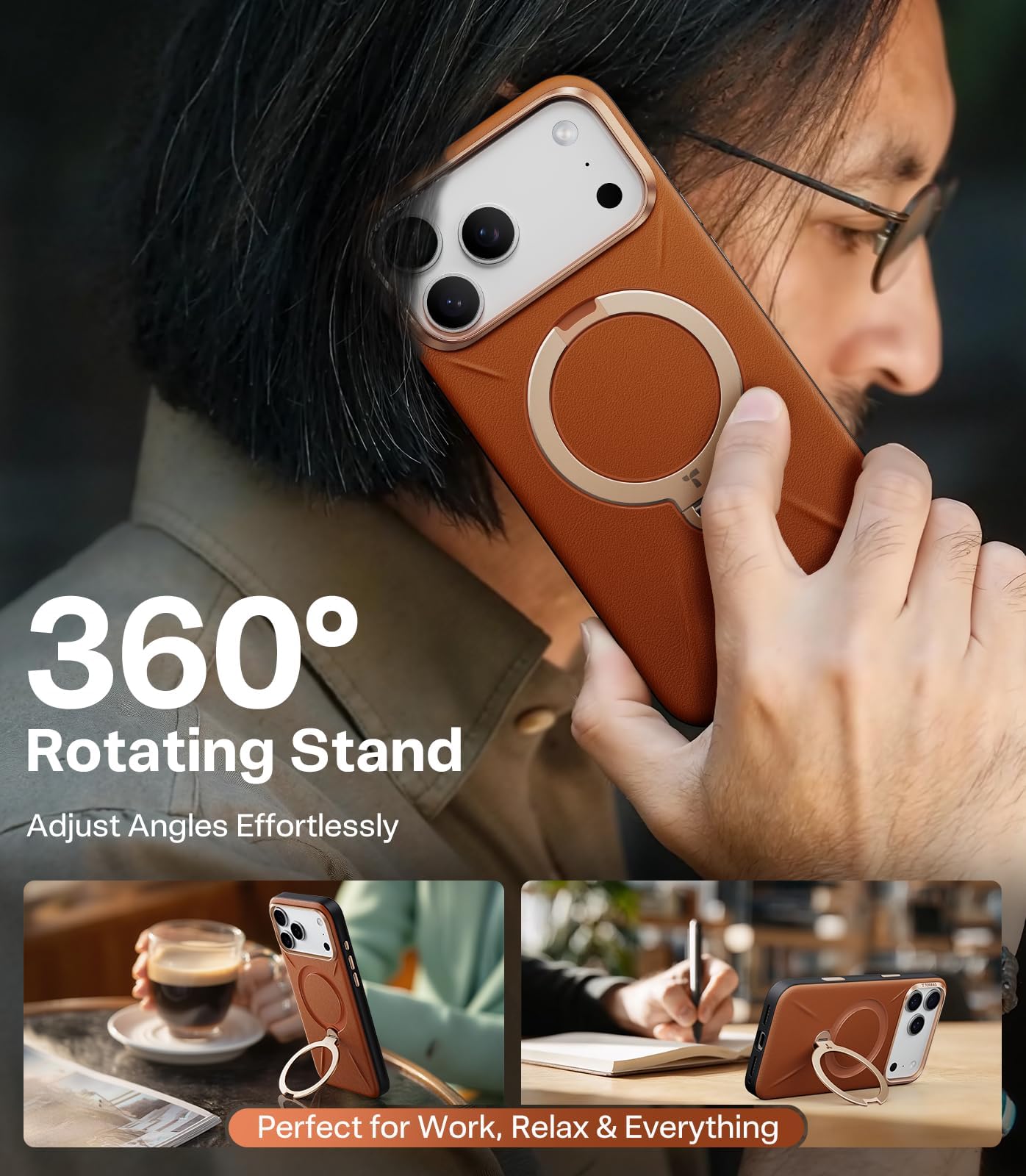 TORRAS Ostand Q3 VegSkin Cover per iPhone 17 Pro, Custodia Ostand Q3 VegSkin in Pelle di Silicone Sostenibile, Supporto Magnetico Invisibile a 360°, Pelle di Alta Qualità, Ultra Sottile, Marrone