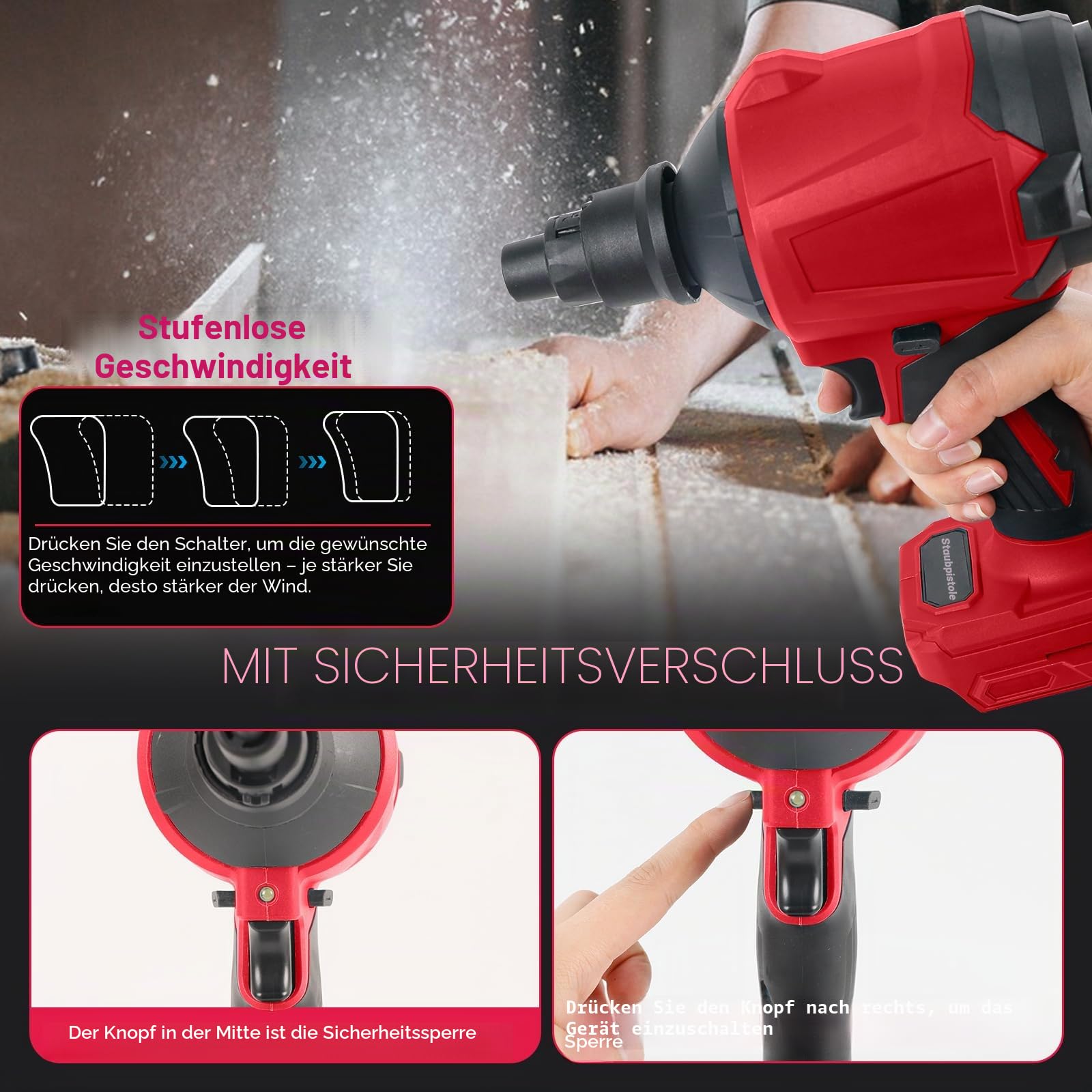 Akku Staubgebläse für Milwaukee 18 V Akku, 1000 W stufenlose Geschwindigkeit Druckluft-Staubwedel mit LED-Licht und 8 Düsen, 40.000 U/min für Garagen Werkstatt Sägewerk Raumreinigung (Keine Batterie)