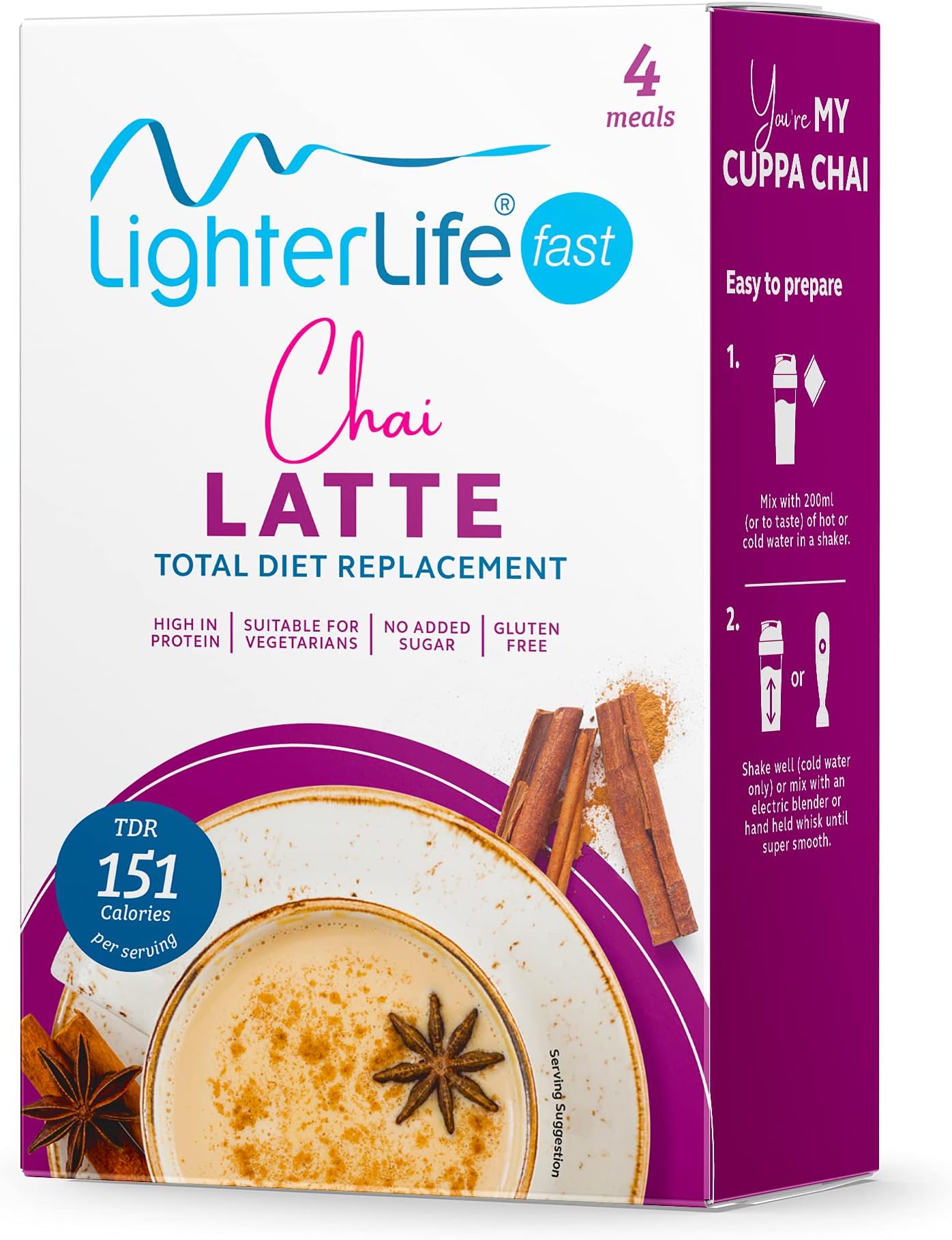 LighterLife Chai Latte Shake, Gluten Free, High Protein Powder Meal Replacement, 4 x 40g Servings per Box