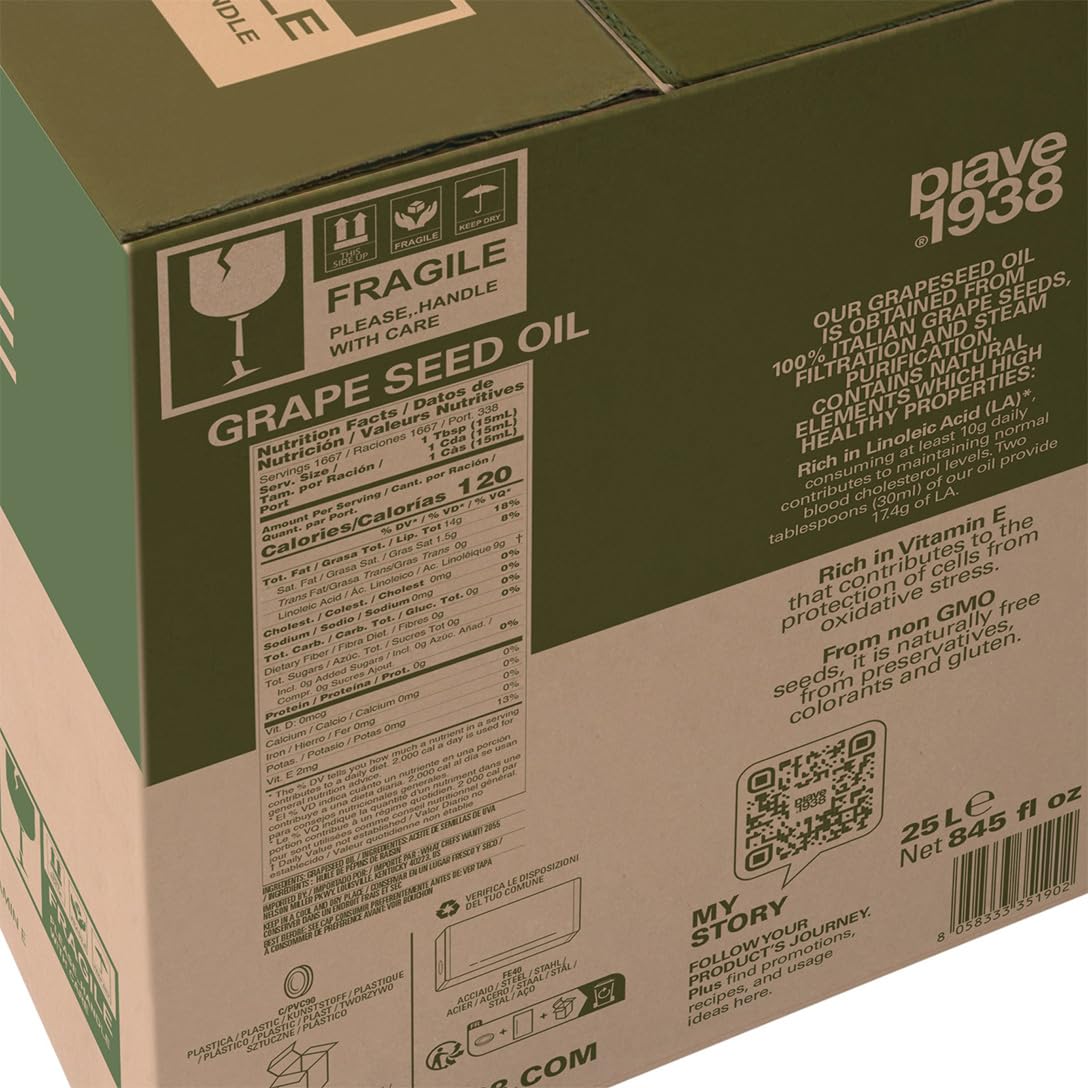 PIAVE 1938 - Olio di Semi d’Uva 25L – Olio di Vinaccioli Italiano Spremuto a Freddo – Alto Punto di Fumo 245°C – Ricco di Omega 6 e Vitamina E – Per Frittura, Cottura, Pasticceria e Uso Professionale