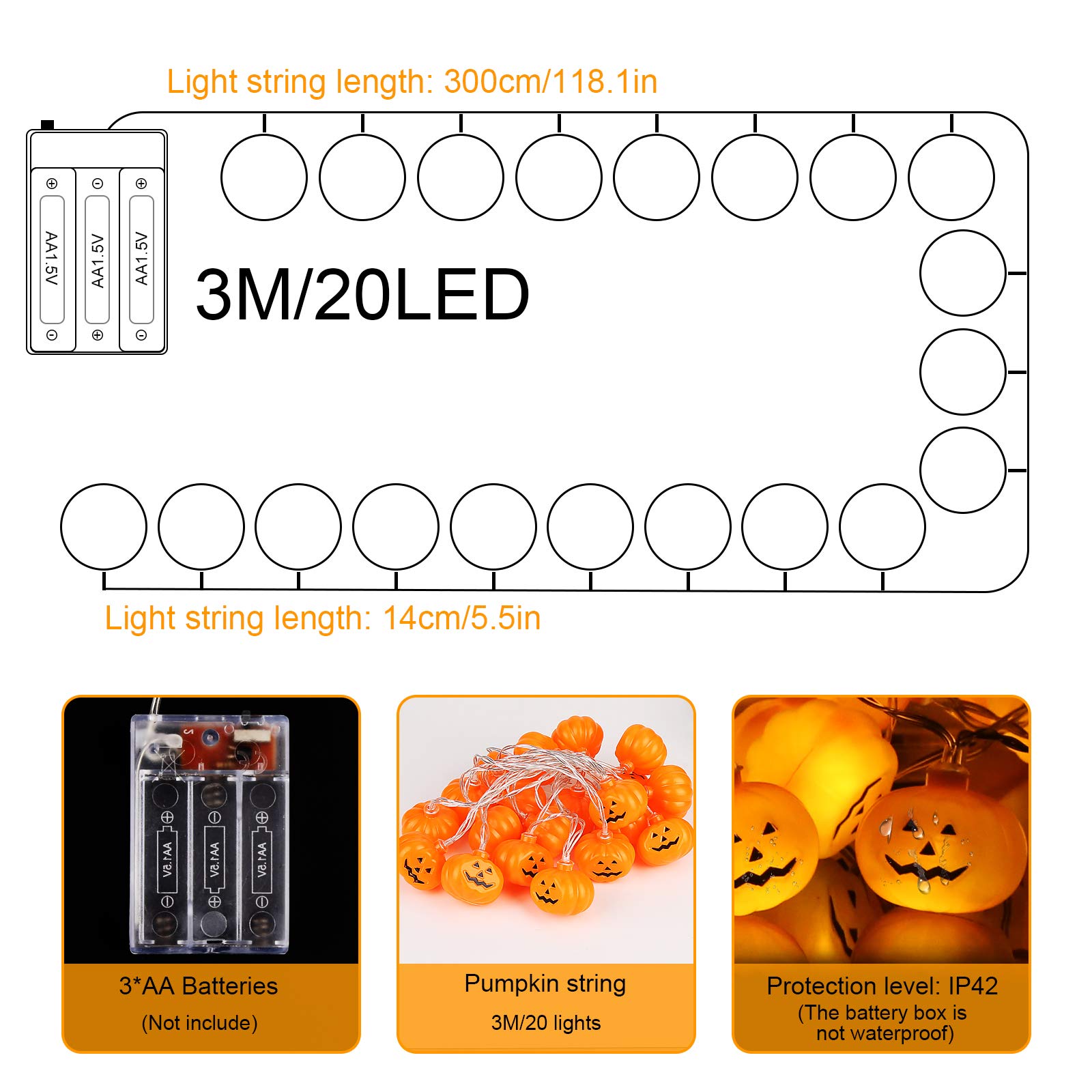 Guirlande Lumineuse D'Halloween De 3 M, 20 LED Decorations Halloween 3 En 1 Citrouille Orange Chauve Souris Fantome Blanc Lumieres Halloween 98887581