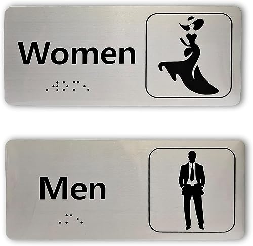 Letreros personalizados para baño de hombres y mujeres con Braille (juego de 2)  Letreros de baño de aluminio cepillado, 7 x 3 pulgadas con cinta de