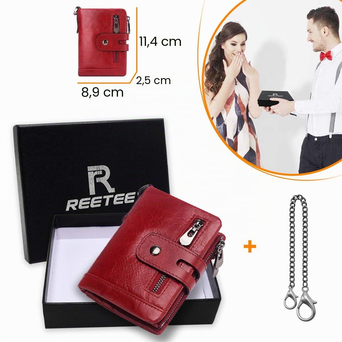 REETEE Portafoglio Donna Portamonete Pelle Donna RFID Bloccaggio Portafogli Donna Pelle Piccolo con Catena,Multi-Slot Portamonete Porta Carta di Credito Pelle Cerniera Portafogli